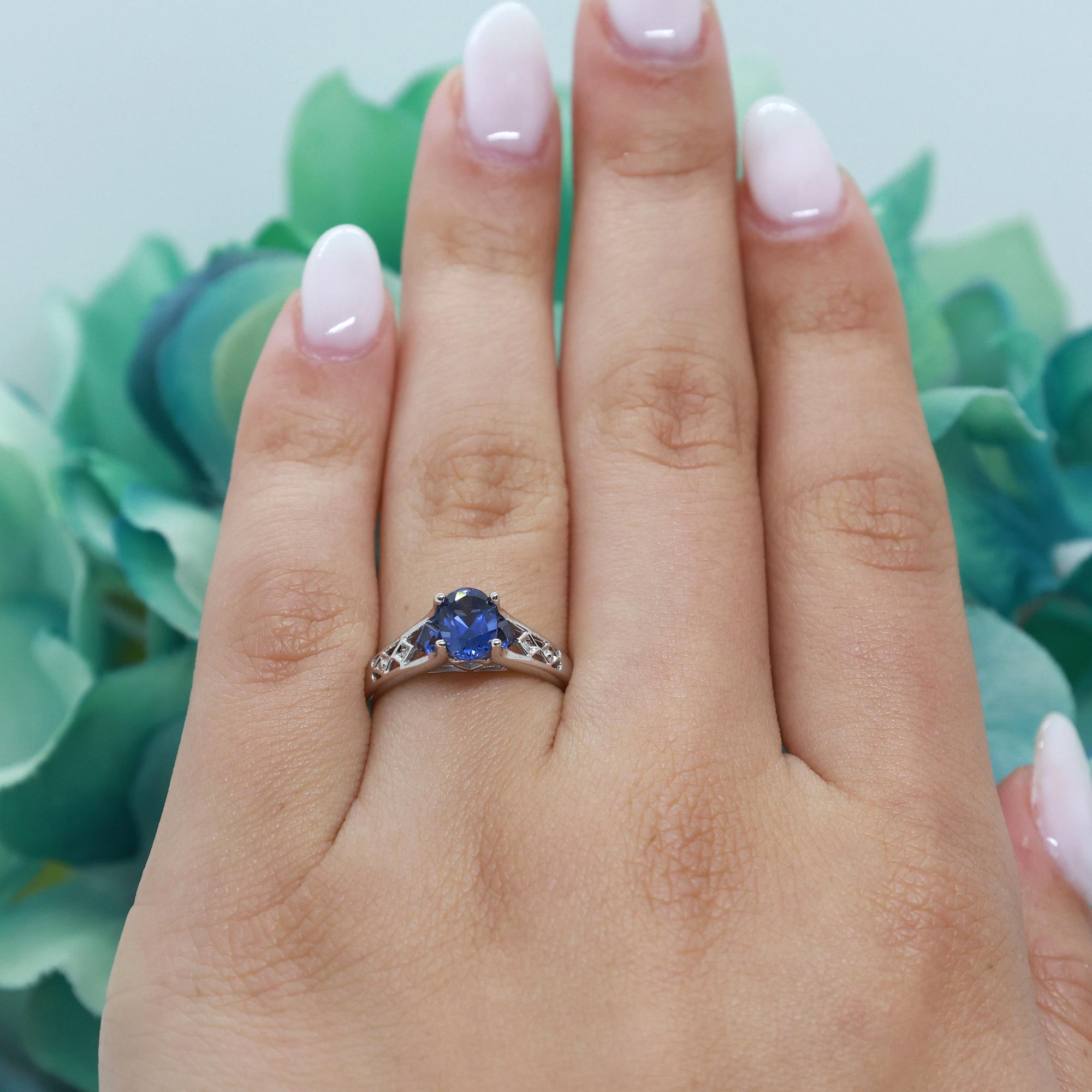 Oval Blue Sapphire Diamond Ring 10K White Gold 1.22 CTW Lab Created Size 6.5