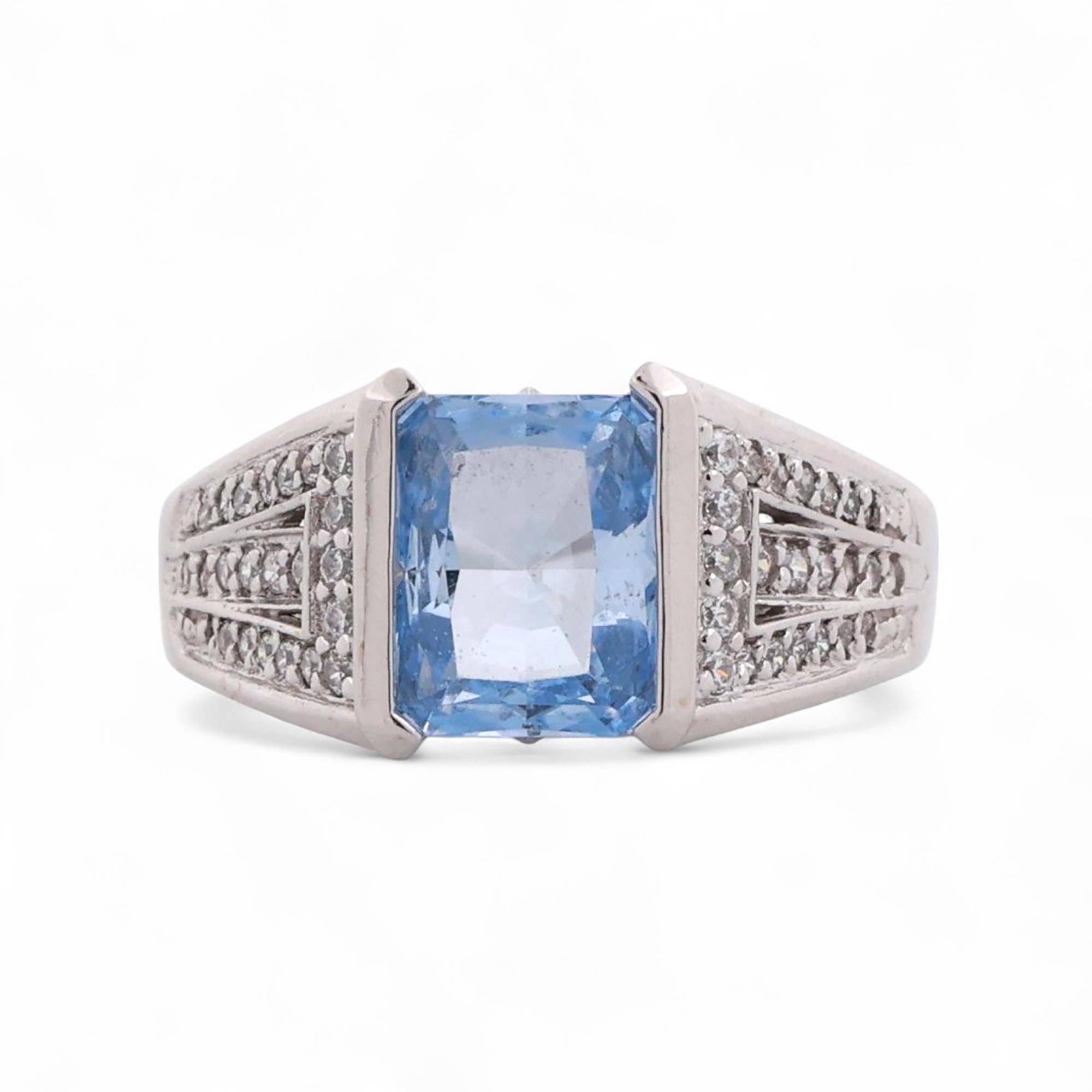 Emerald Cut Sapphire Solitaire Ring 14K White Gold CZ Accents Lab Grown SZ 8.25
