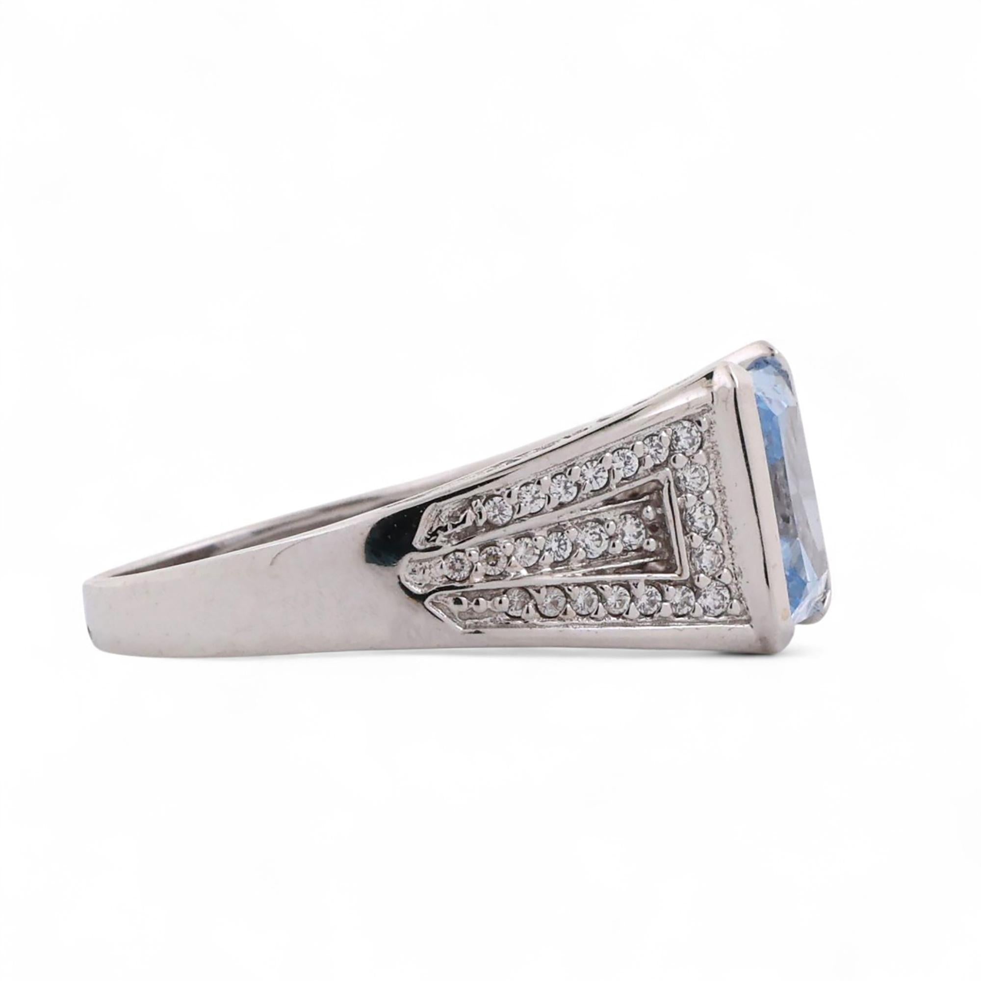 Emerald Cut Sapphire Solitaire Ring 14K White Gold CZ Accents Lab Grown SZ 8.25