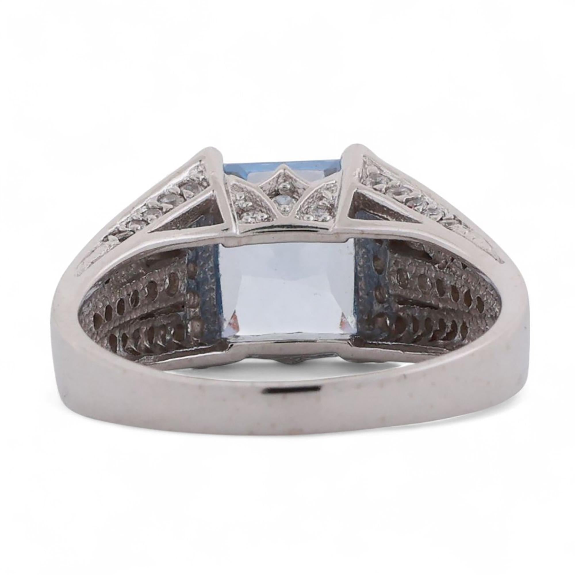 Emerald Cut Sapphire Solitaire Ring 14K White Gold CZ Accents Lab Grown SZ 8.25