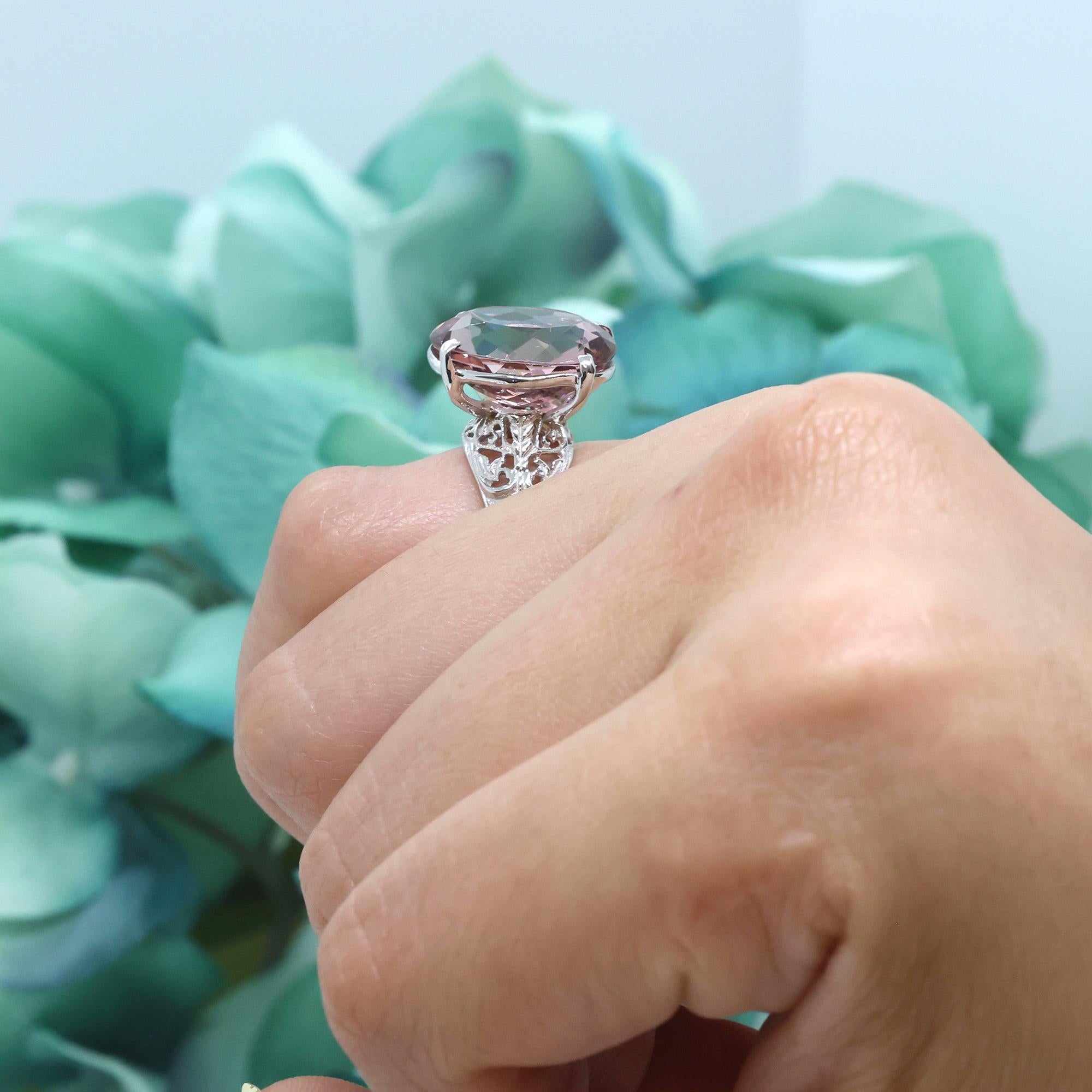 8.75 CT Pink Tourmaline Filigree Ring 14K White Gold Size 4 Ladies Estate