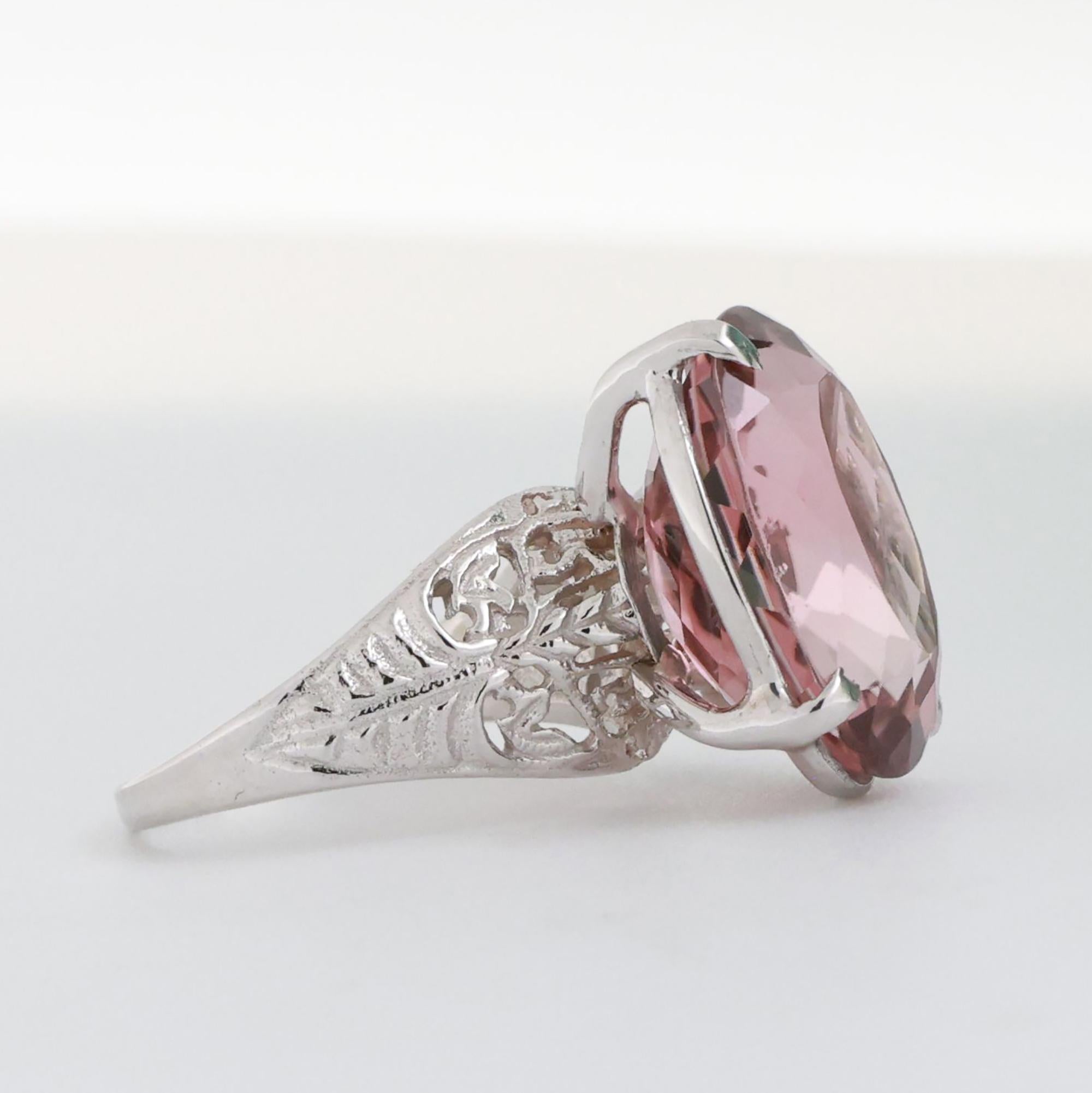 8.75 CT Pink Tourmaline Filigree Ring 14K White Gold Size 4 Ladies Estate