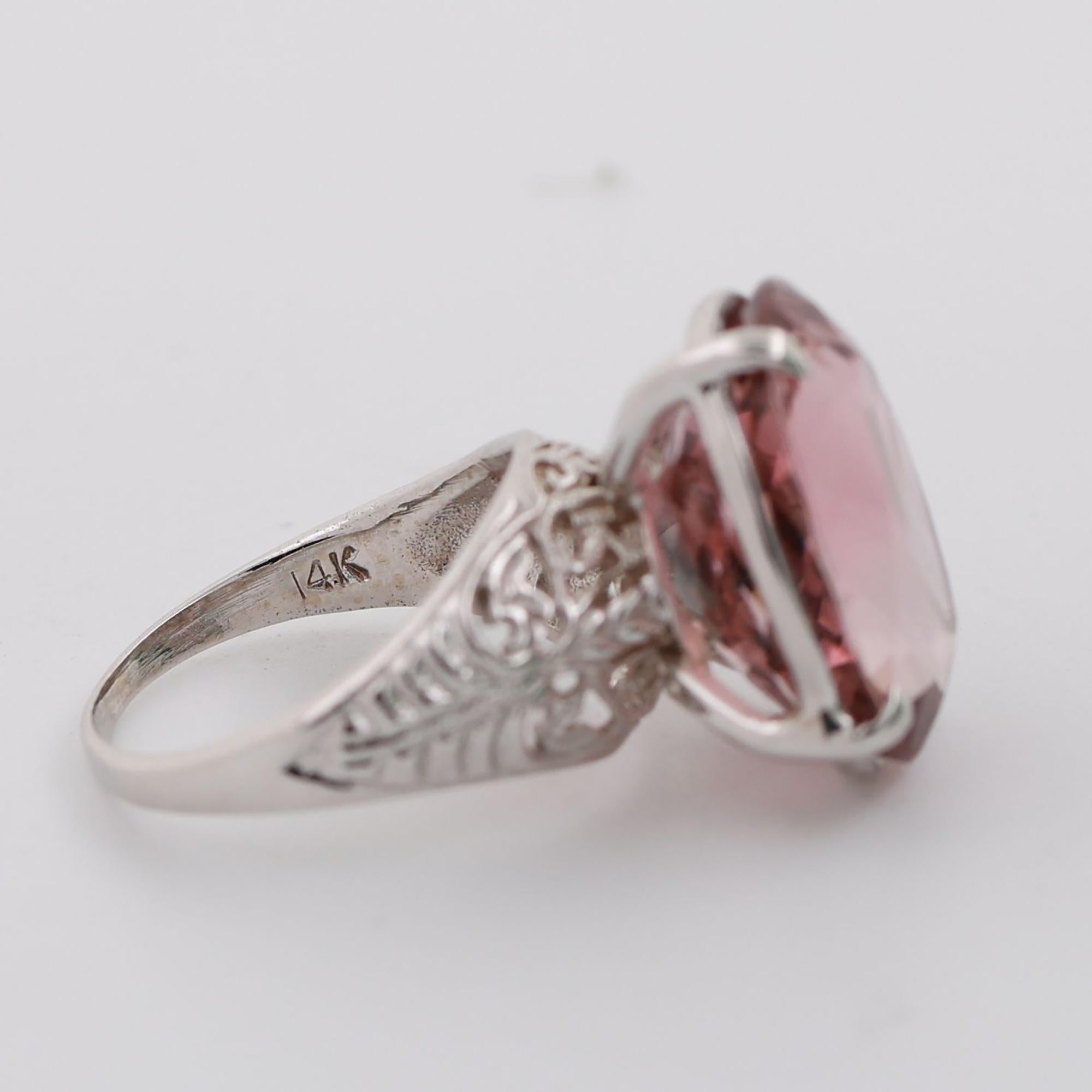 8.75 CT Pink Tourmaline Filigree Ring 14K White Gold Size 4 Ladies Estate