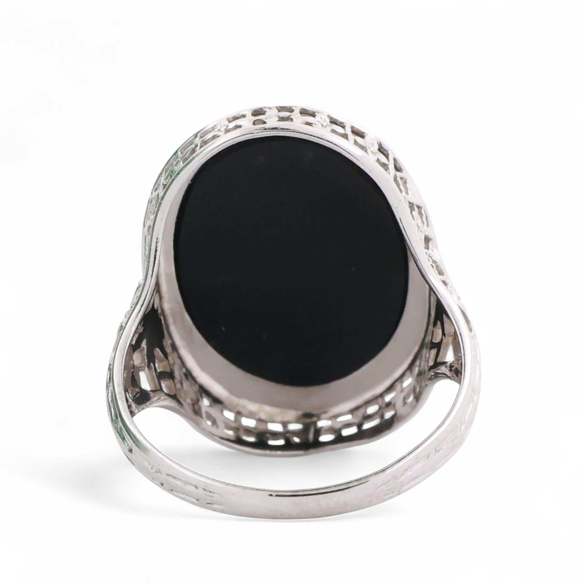 Vintage Filigree Black Onyx Signet Ring 14K White Gold Oval Gem Size 4.75 Estate