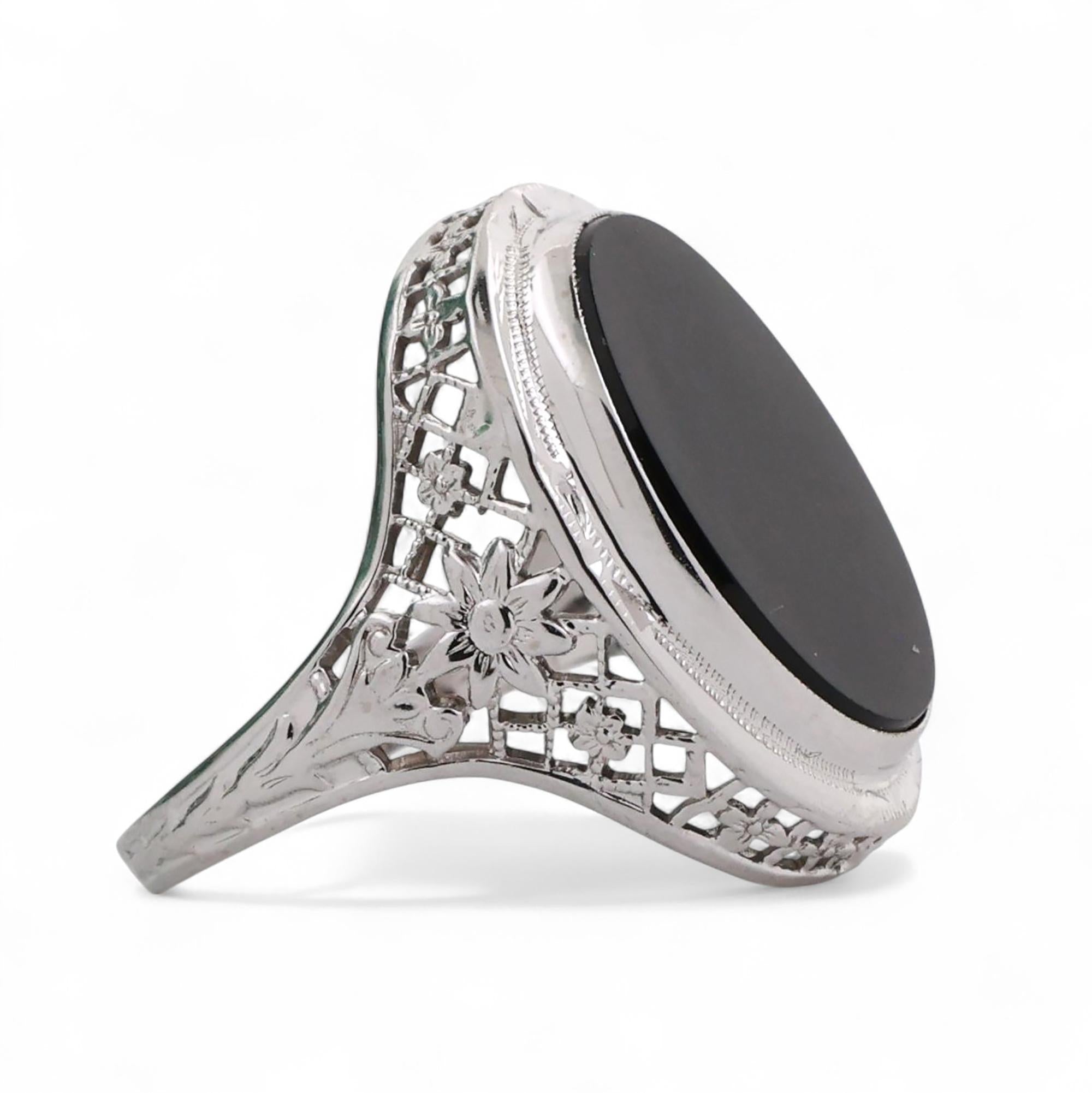 Vintage Filigree Black Onyx Signet Ring 14K White Gold Oval Gem Size 4.75 Estate