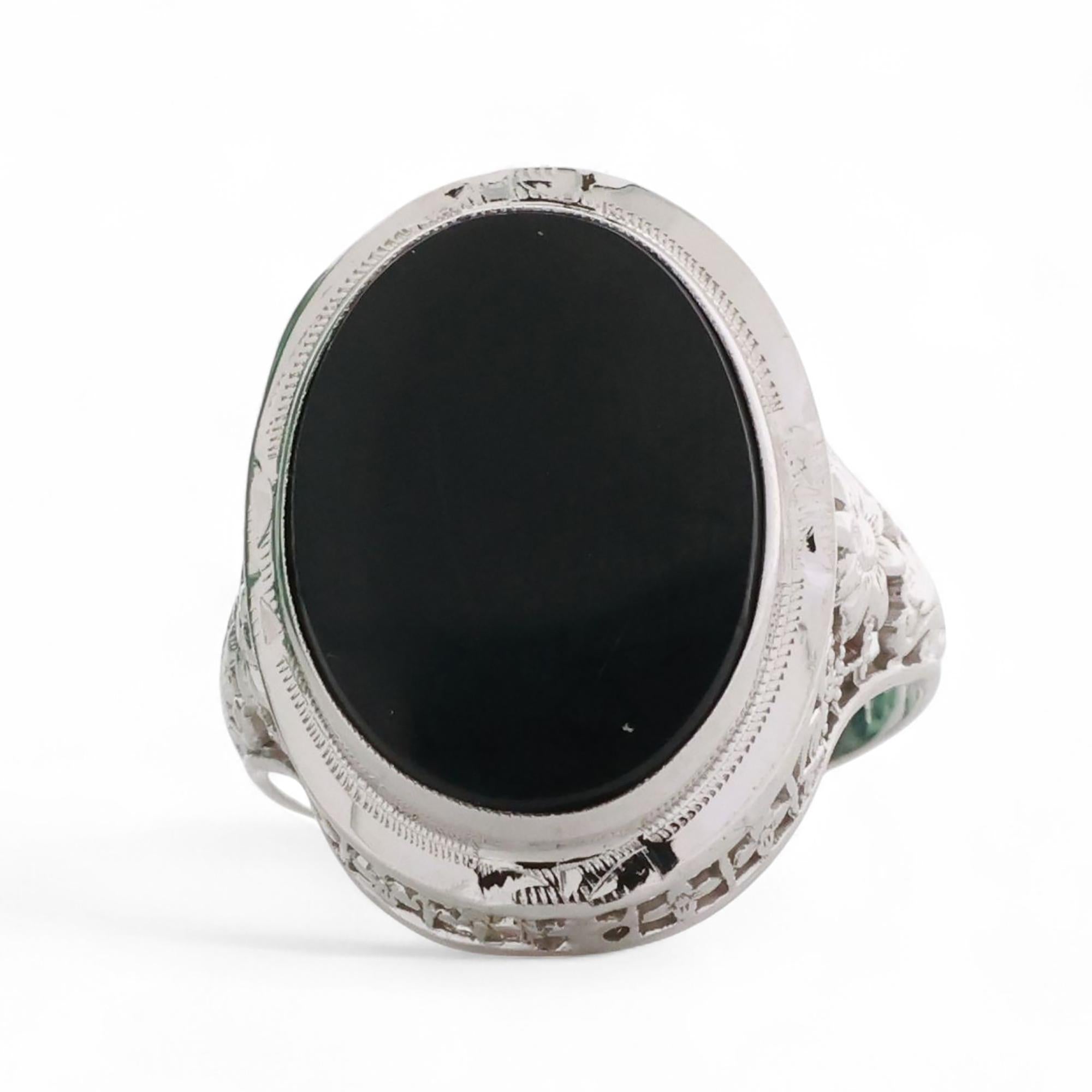 Vintage Filigree Black Onyx Signet Ring 14K White Gold Oval Gem Size 4.75 Estate