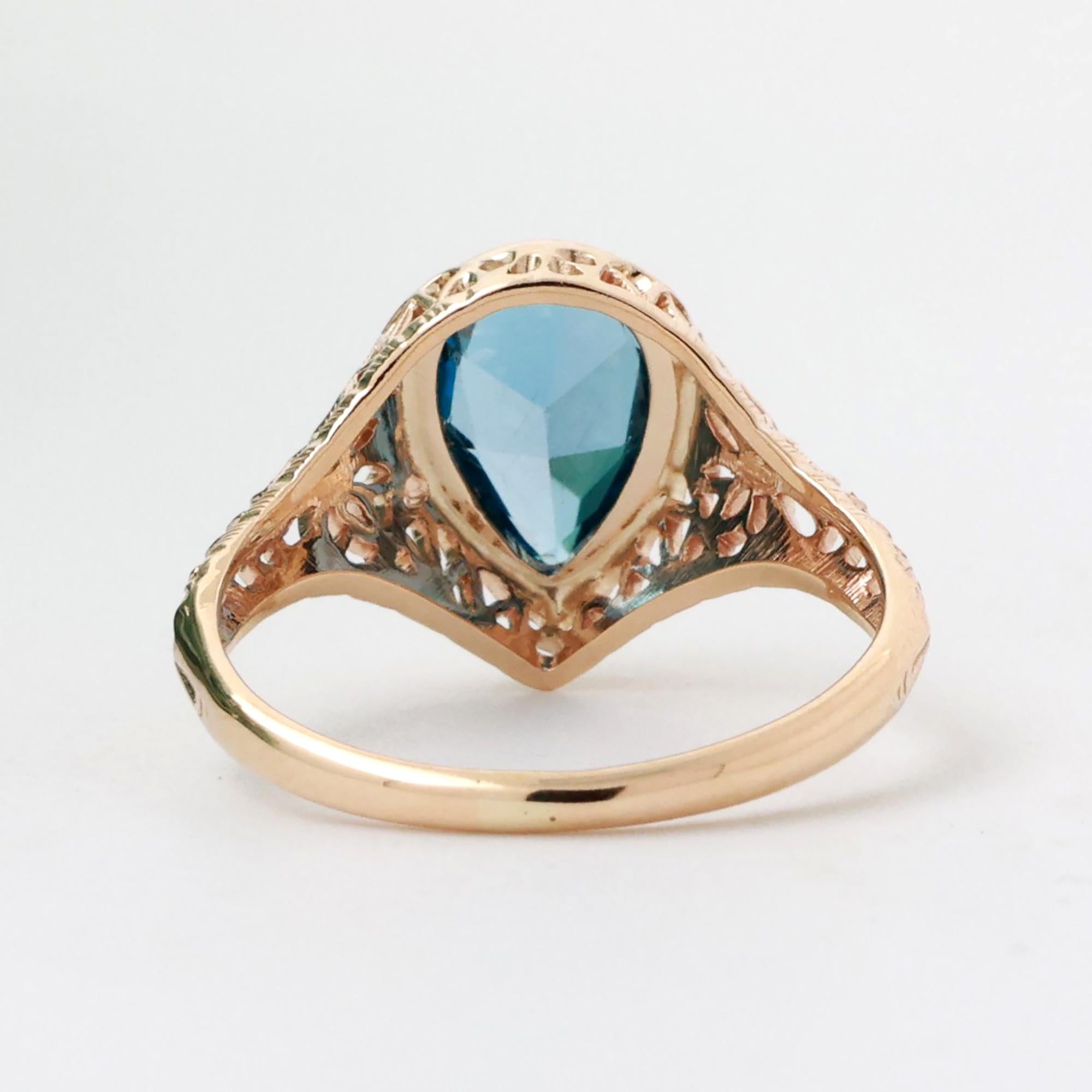 Pear Cut Blue Topaz Solitaire Filigree Ring 14K Yellow Gold 1.60 CT Size 7.75