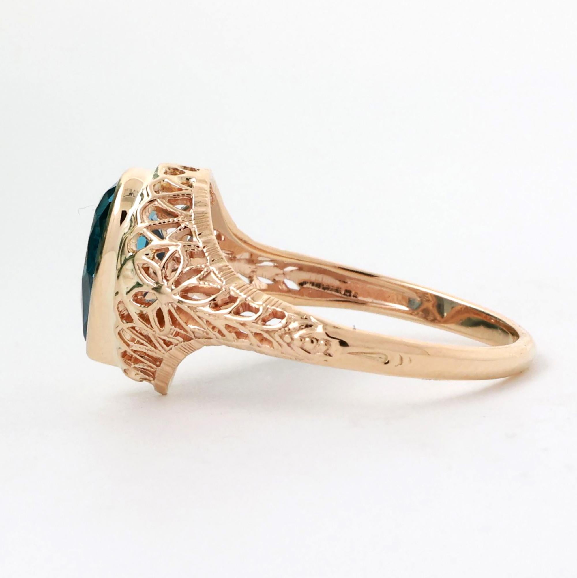 Pear Cut Blue Topaz Solitaire Filigree Ring 14K Yellow Gold 1.60 CT Size 7.75