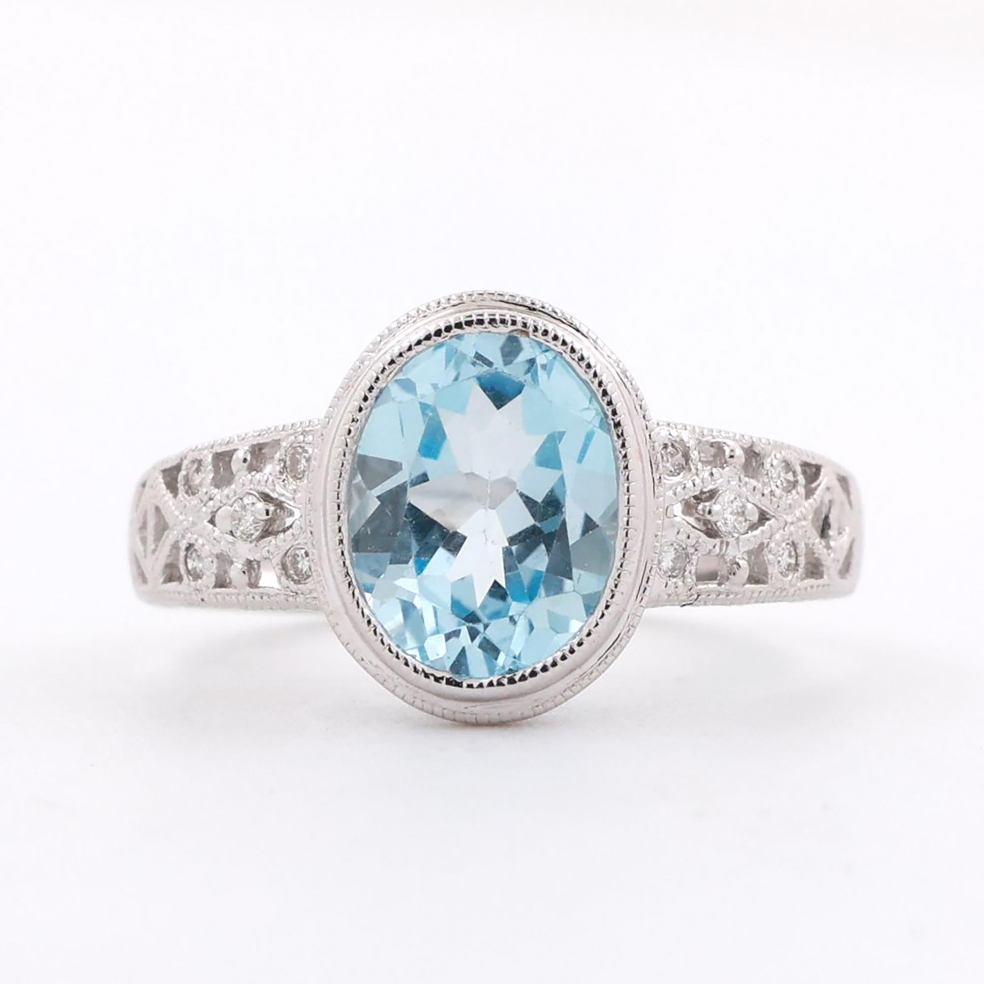 Oval Swiss Blue Topaz Diamond Accent Ring 14K White Gold 2.40 CTW Size 7.25
