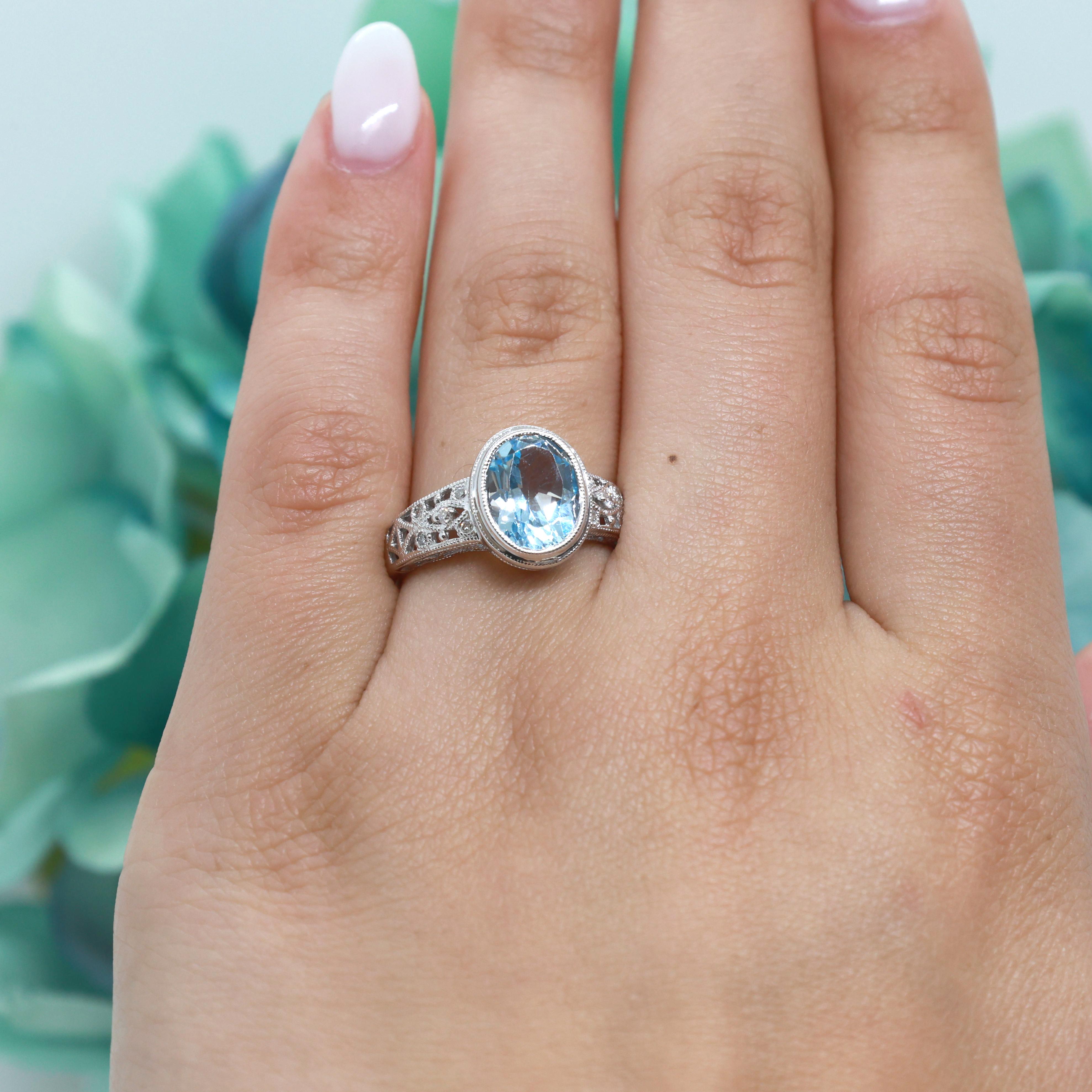 Oval Swiss Blue Topaz Diamond Accent Ring 14K White Gold 2.40 CTW Size 7.25