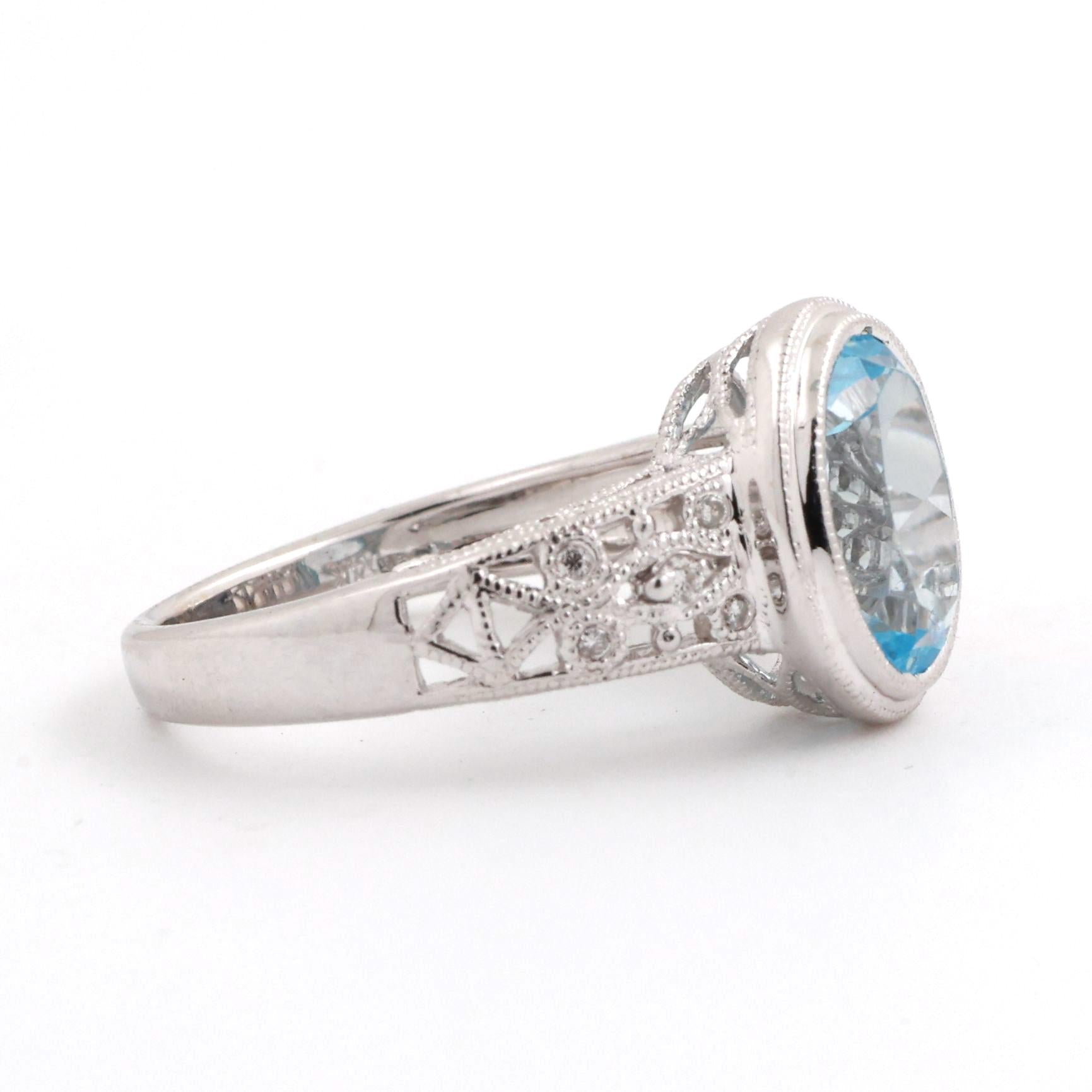 Oval Swiss Blue Topaz Diamond Accent Ring 14K White Gold 2.40 CTW Size 7.25