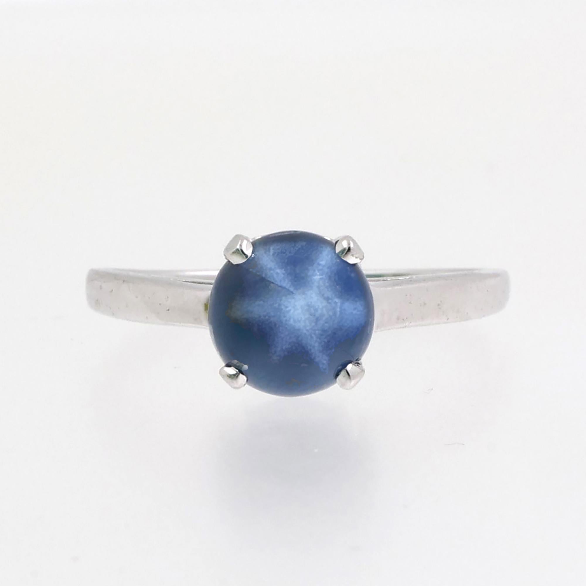 Star Blue Sapphire Solitaire Ring 14K White Gold 2.85 CT Lab Grown Size 9 Estate