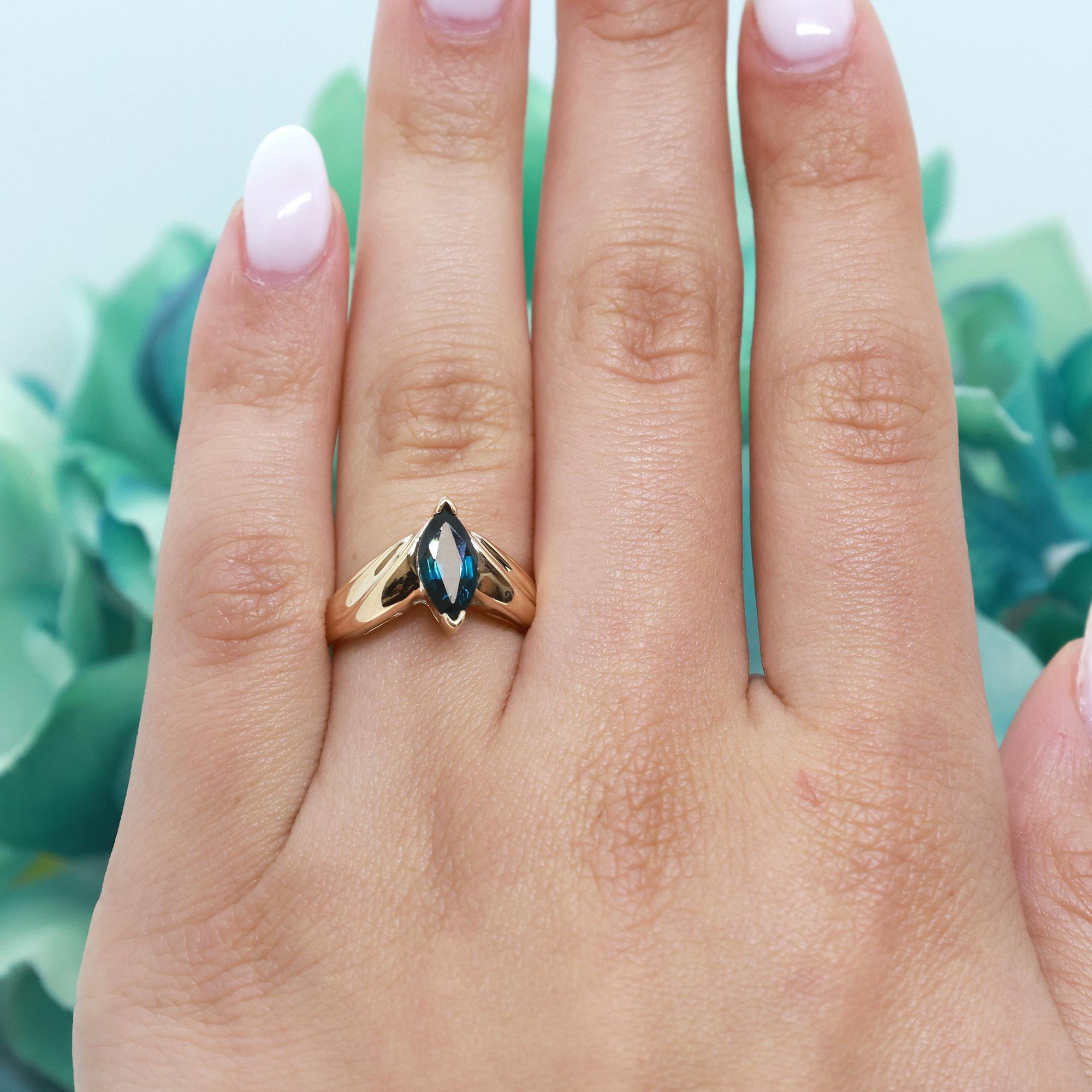 Marquise Cut Blue Sapphire Solitaire Ring 14K Yellow Gold 1.30 CT Size 5.75