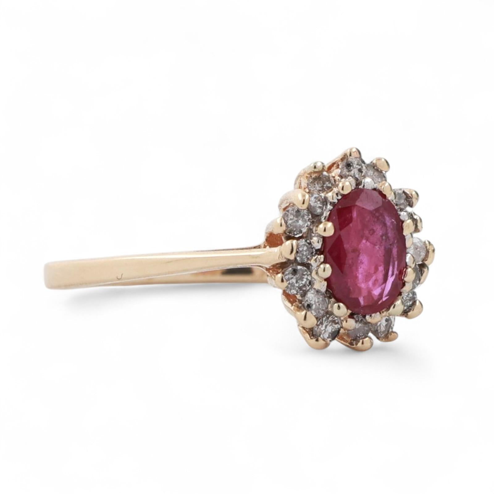 Ruby Diamond Floral Halo Ring 14K Yellow Gold 0.81 CTW Size 6.25 Ladies Estate