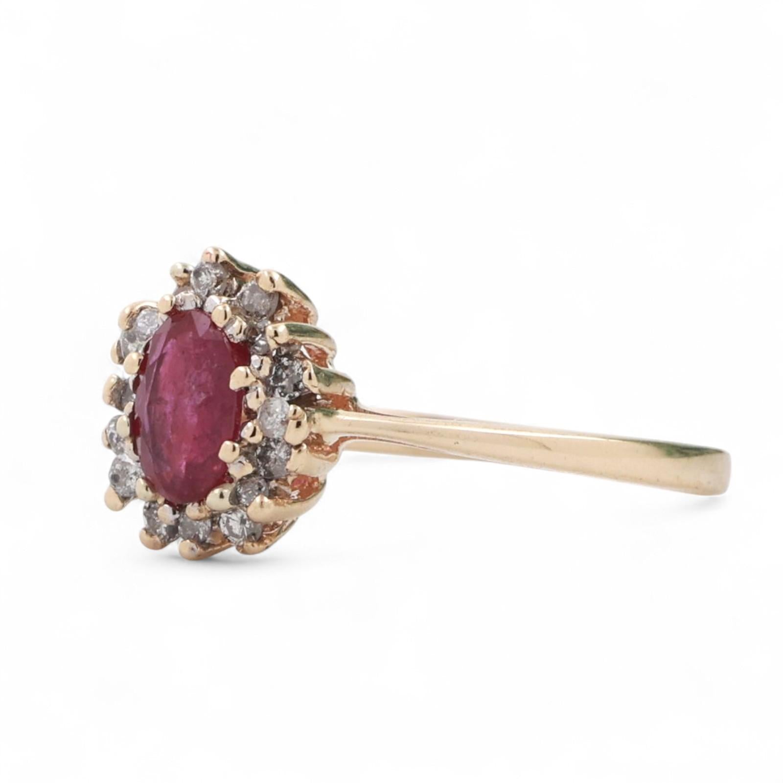 Ruby Diamond Floral Halo Ring 14K Yellow Gold 0.81 CTW Size 6.25 Ladies Estate