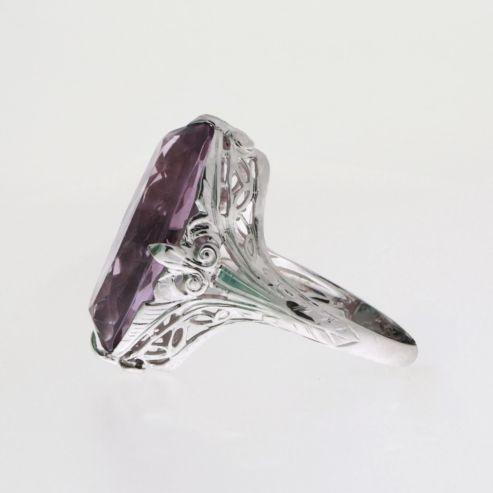Vintage Solitaire Amethyst Filigree Ring 14K White Gold 4.75 CT Size 4 Ladies