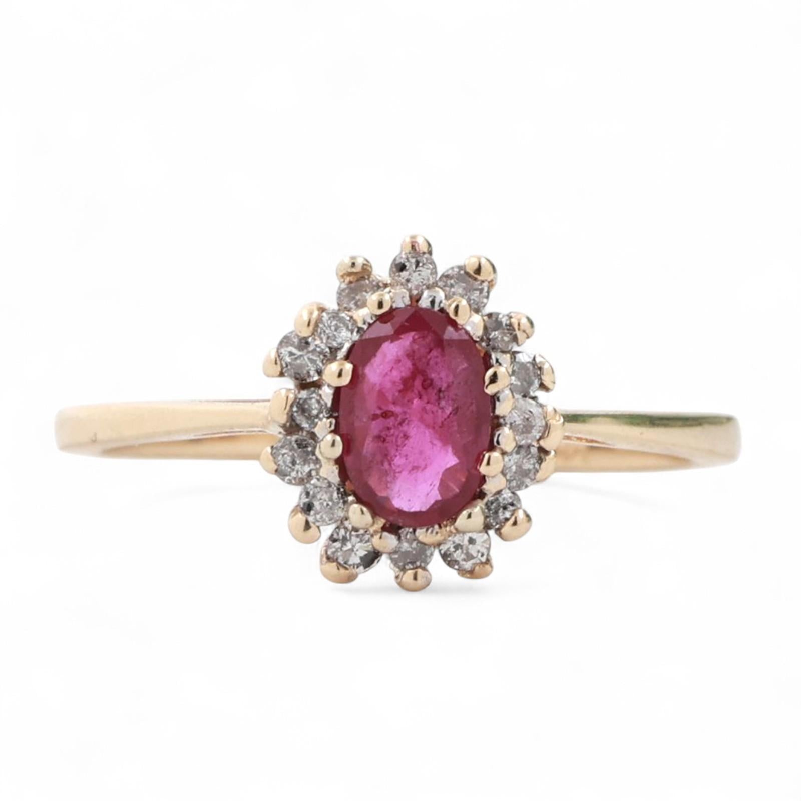 Ruby Diamond Floral Halo Ring 14K Yellow Gold 0.81 CTW Size 6.25 Ladies Estate
