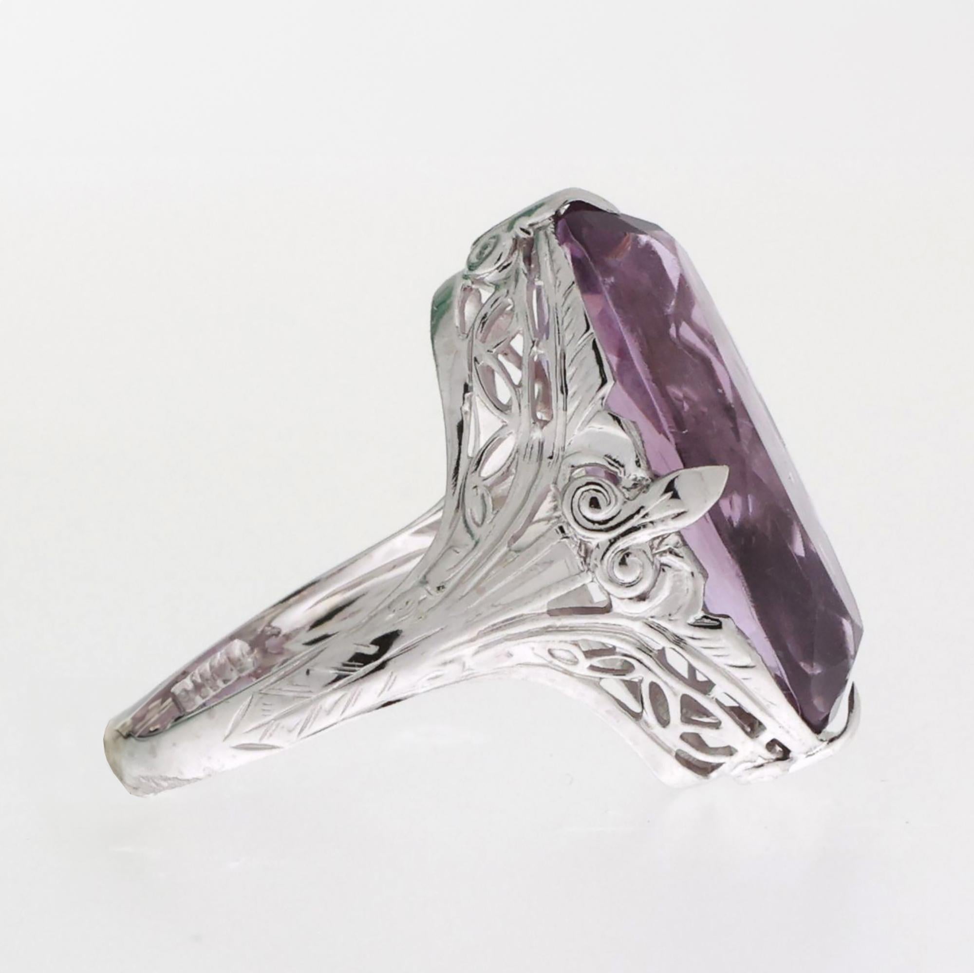 Vintage Solitaire Amethyst Filigree Ring 14K White Gold 4.75 CT Size 4 Ladies