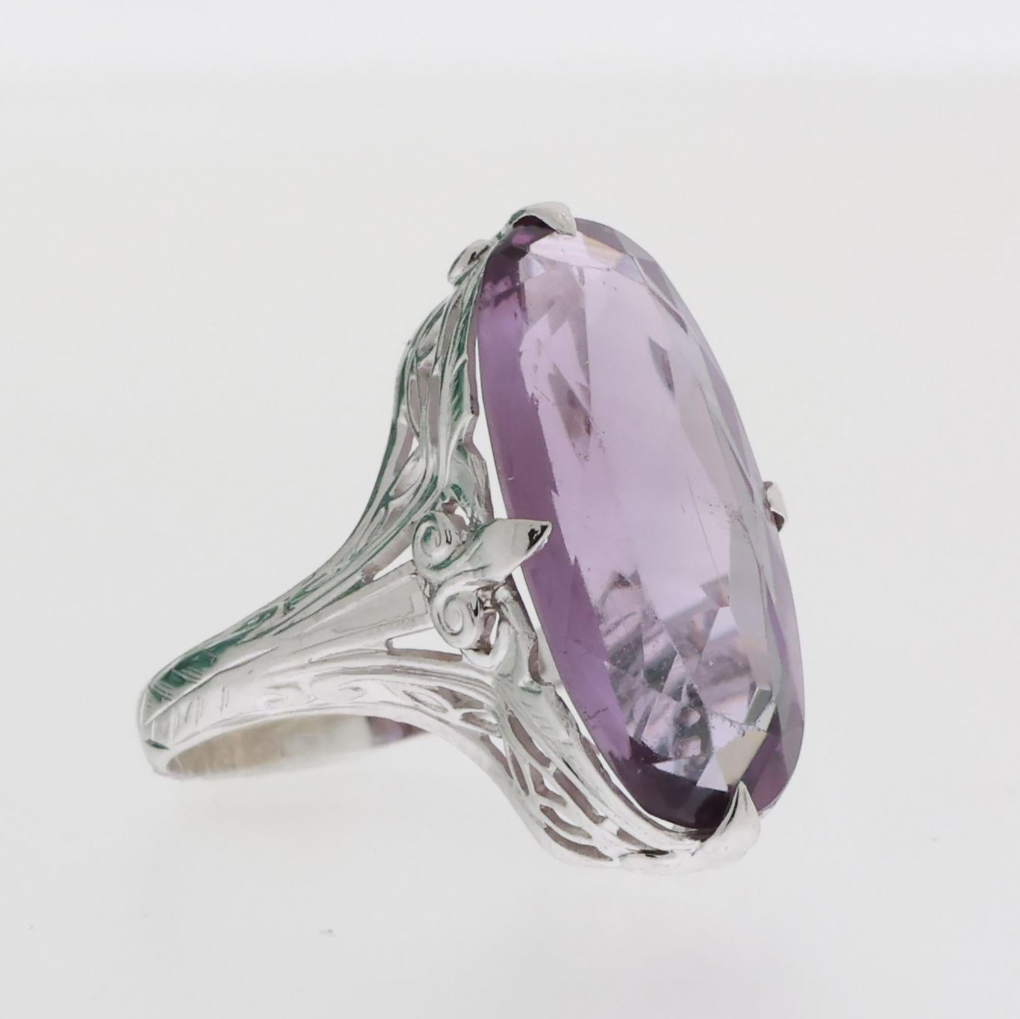 Vintage Solitaire Amethyst Filigree Ring 14K White Gold 4.75 CT Size 4 Ladies