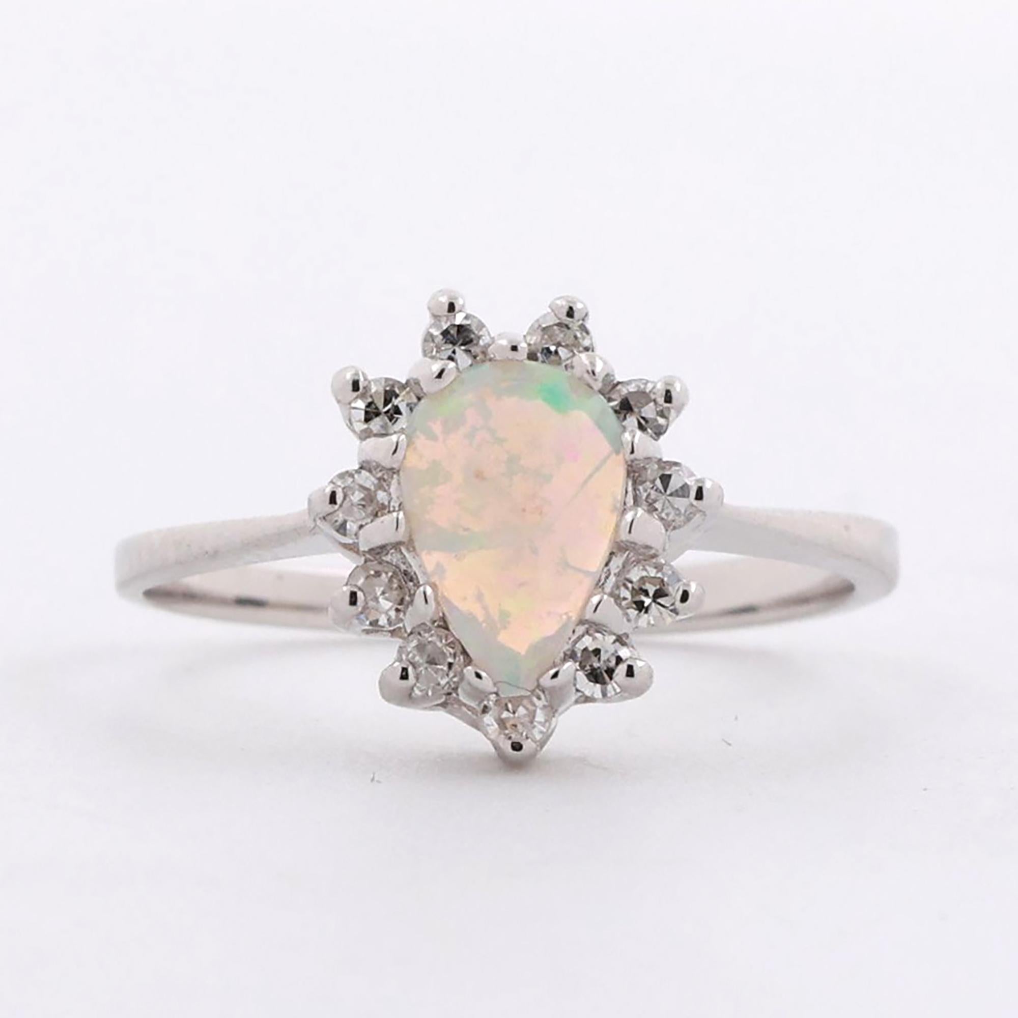 Pear Opal Diamond Halo Ring 14K White Gold 0.57 CTW Size 5 Ladies Estate