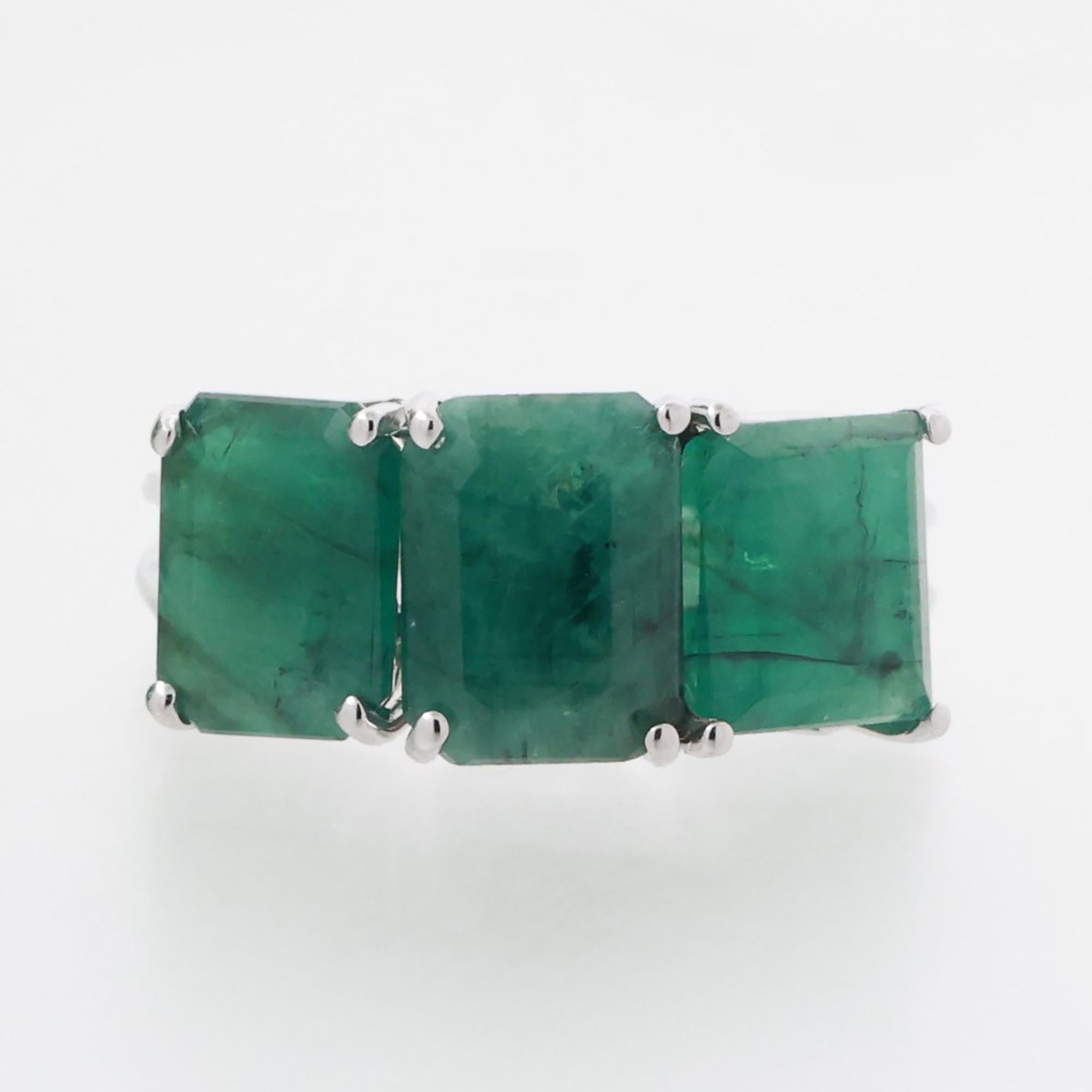 3-Stone Emerald Cut Emerald Gem Ring 14K White Gold 5.05 CTW Size 5.75 Ladies