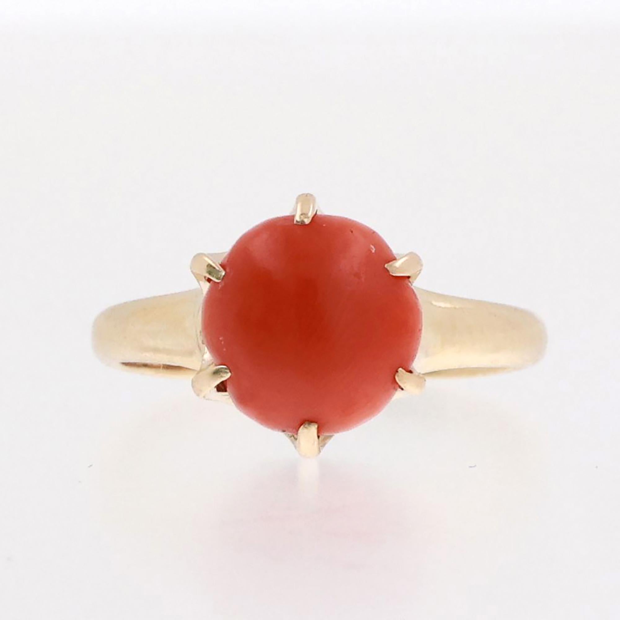 Momo Coral Solitaire Ring 14K Yellow Gold Size 4.25 Vintage Estate