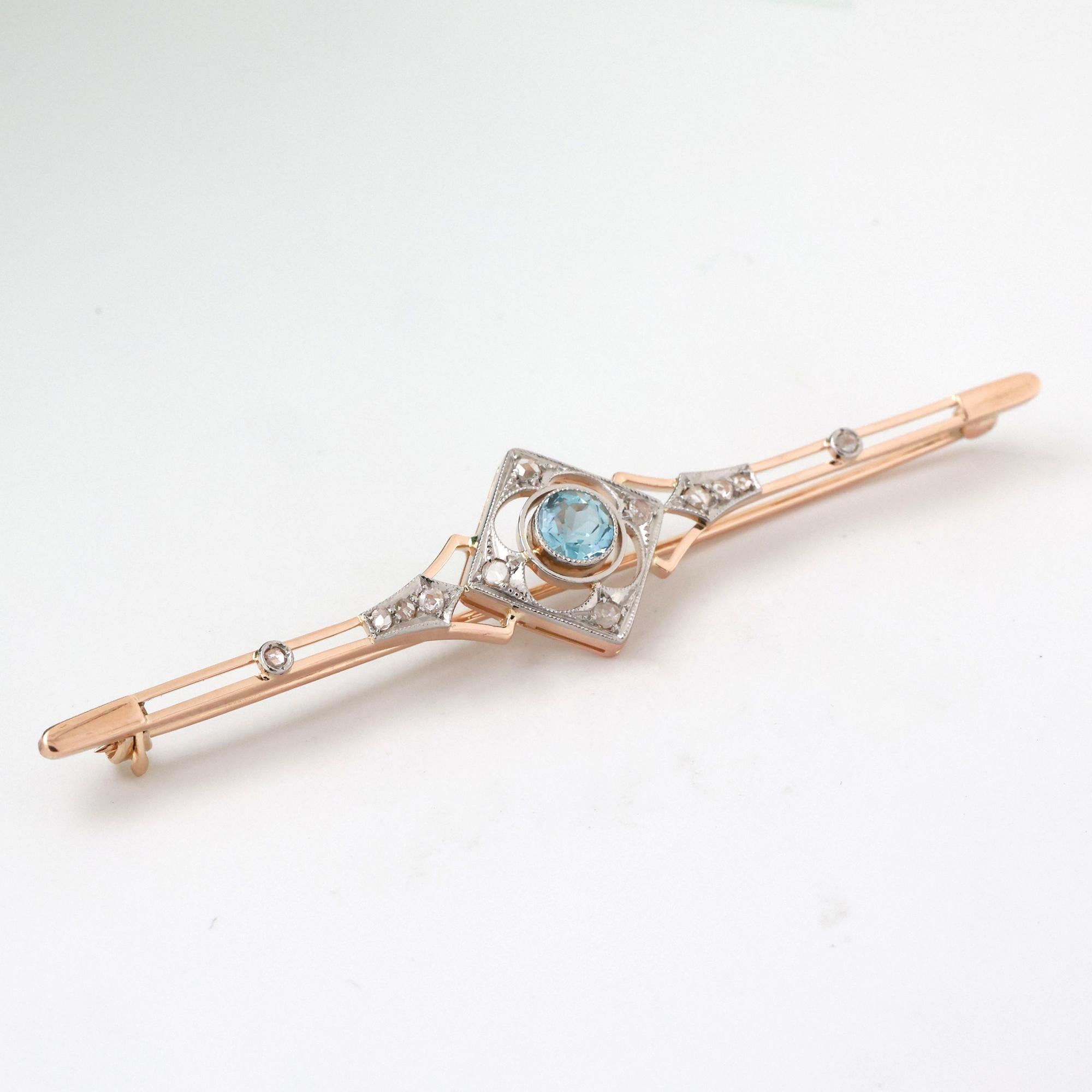 Art Deco Aquamarine Diamond Filigree Brooch 14K Yellow Gold Platinum 0.53 CTW 3"