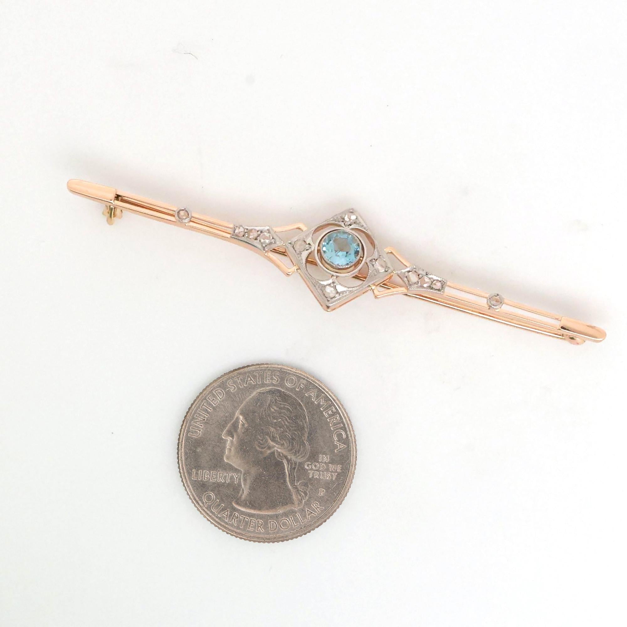 Art Deco Aquamarine Diamond Filigree Brooch 14K Yellow Gold Platinum 0.53 CTW 3"
