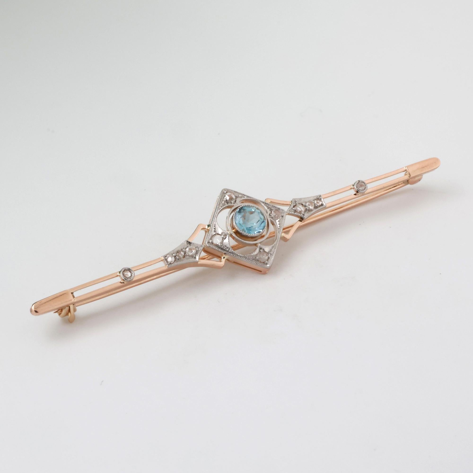 Art Deco Aquamarine Diamond Filigree Brooch 14K Yellow Gold Platinum 0.53 CTW 3"