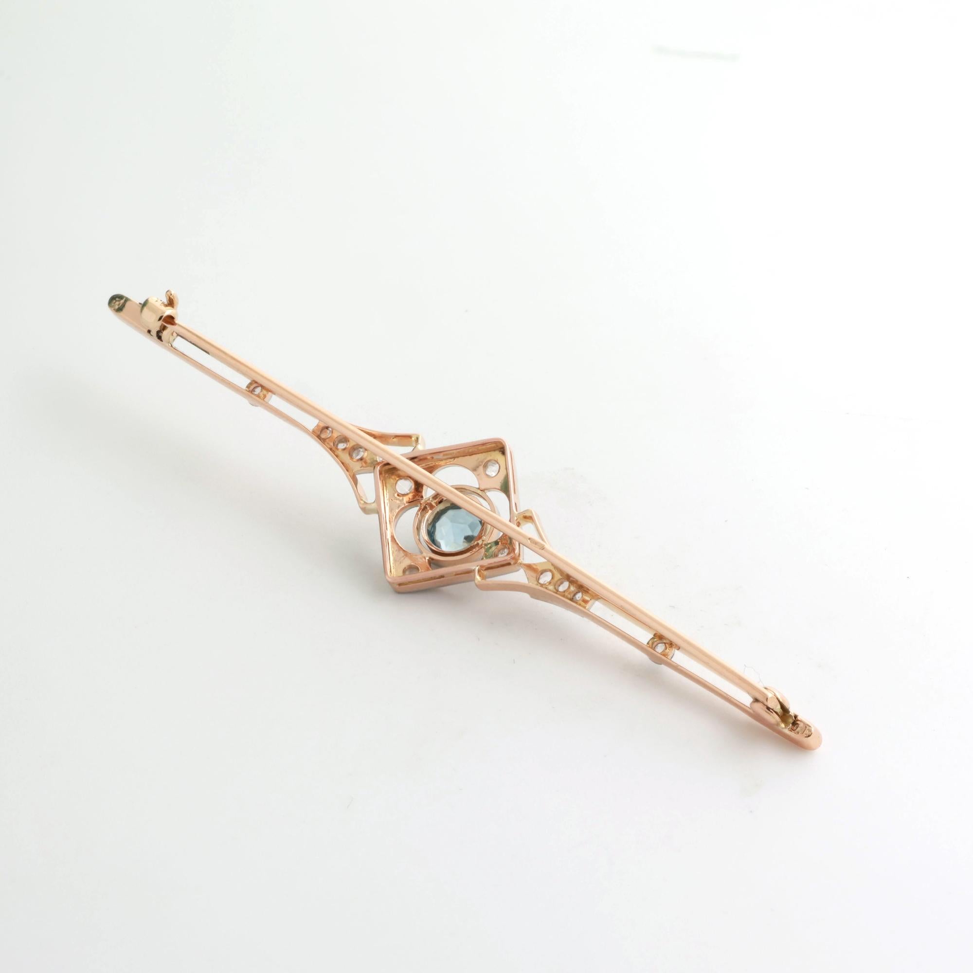 Art Deco Aquamarine Diamond Filigree Brooch 14K Yellow Gold Platinum 0.53 CTW 3"