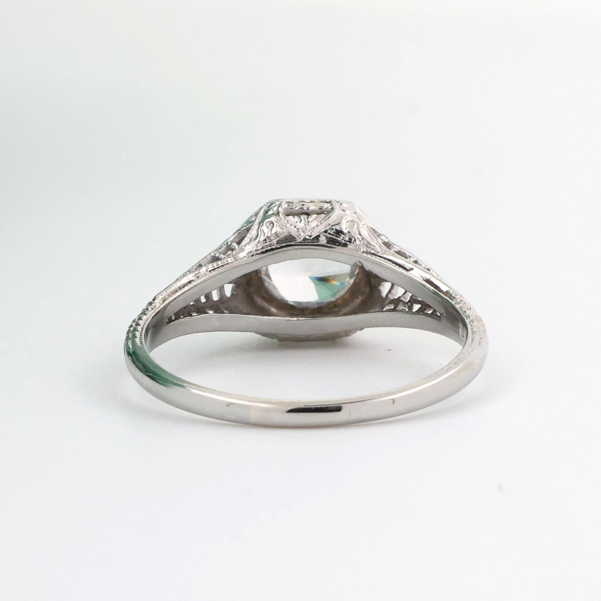 Vintage Solitaire White Sapphire Filigree Ring 18K White Gold 1.45 CT Size 7.5