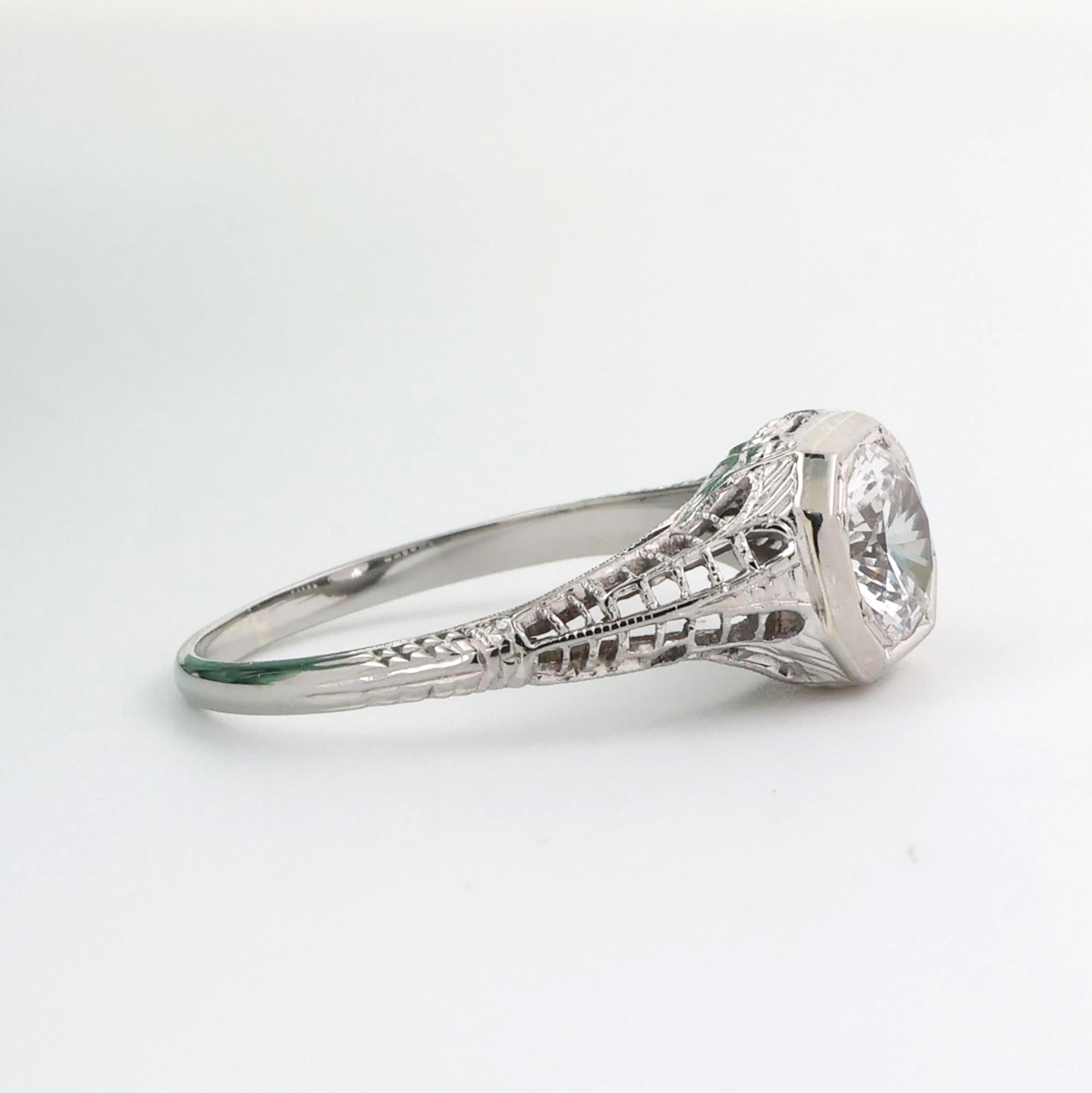 Vintage Solitaire White Sapphire Filigree Ring 18K White Gold 1.45 CT Size 7.5