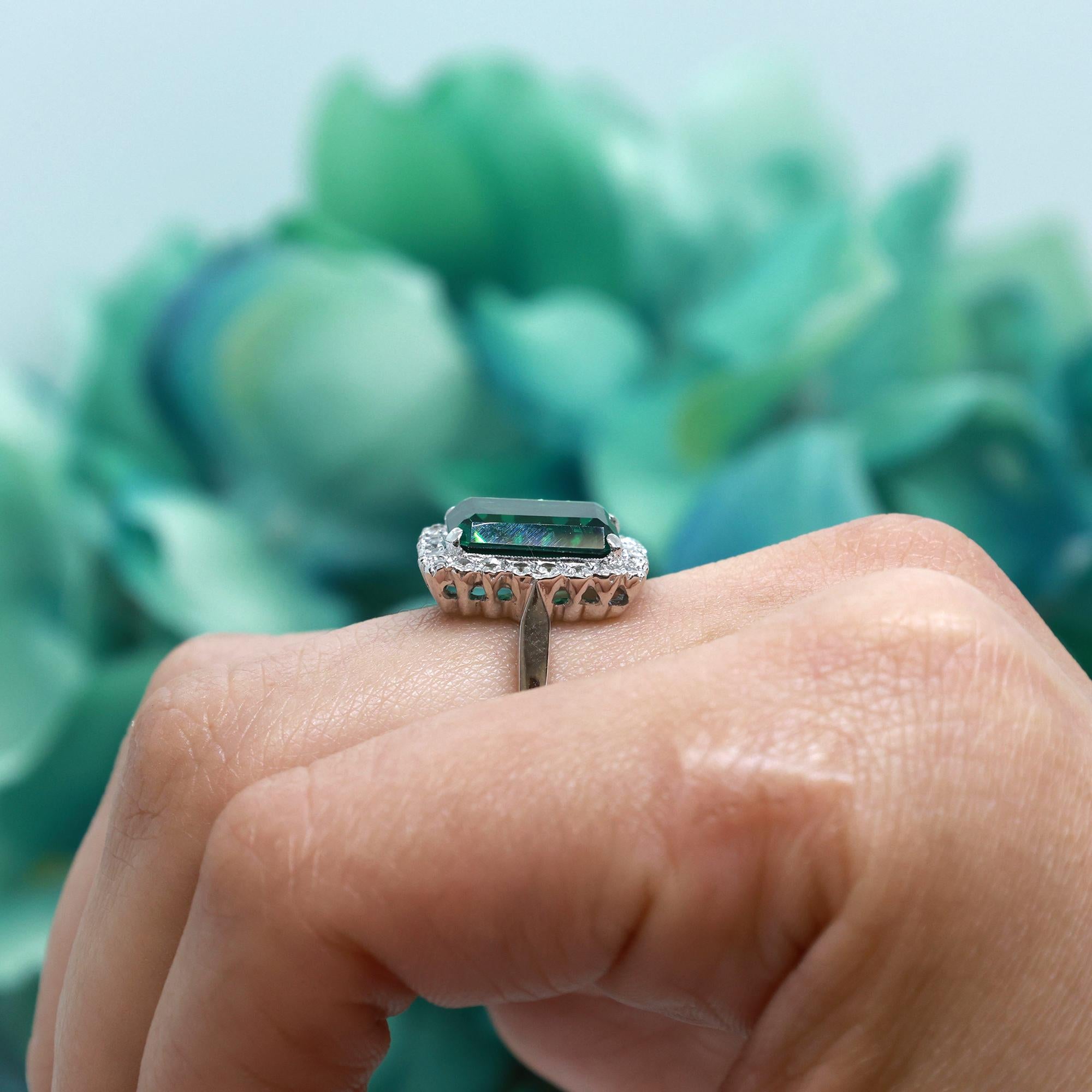 Emerald Quartz Halo Ring 18K White Gold 4.92 CTW Lab Grown Size 8.25