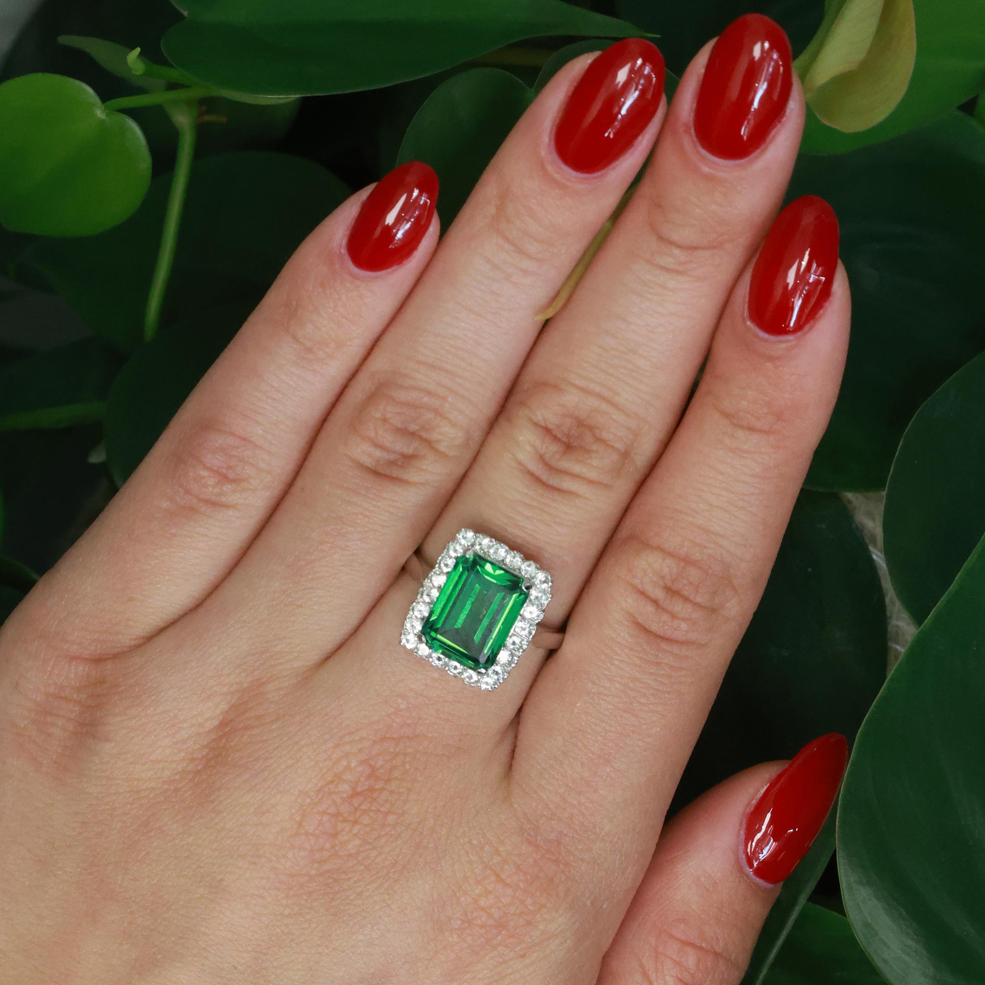 Emerald Quartz Halo Ring 18K White Gold 4.92 CTW Lab Grown Size 8.25