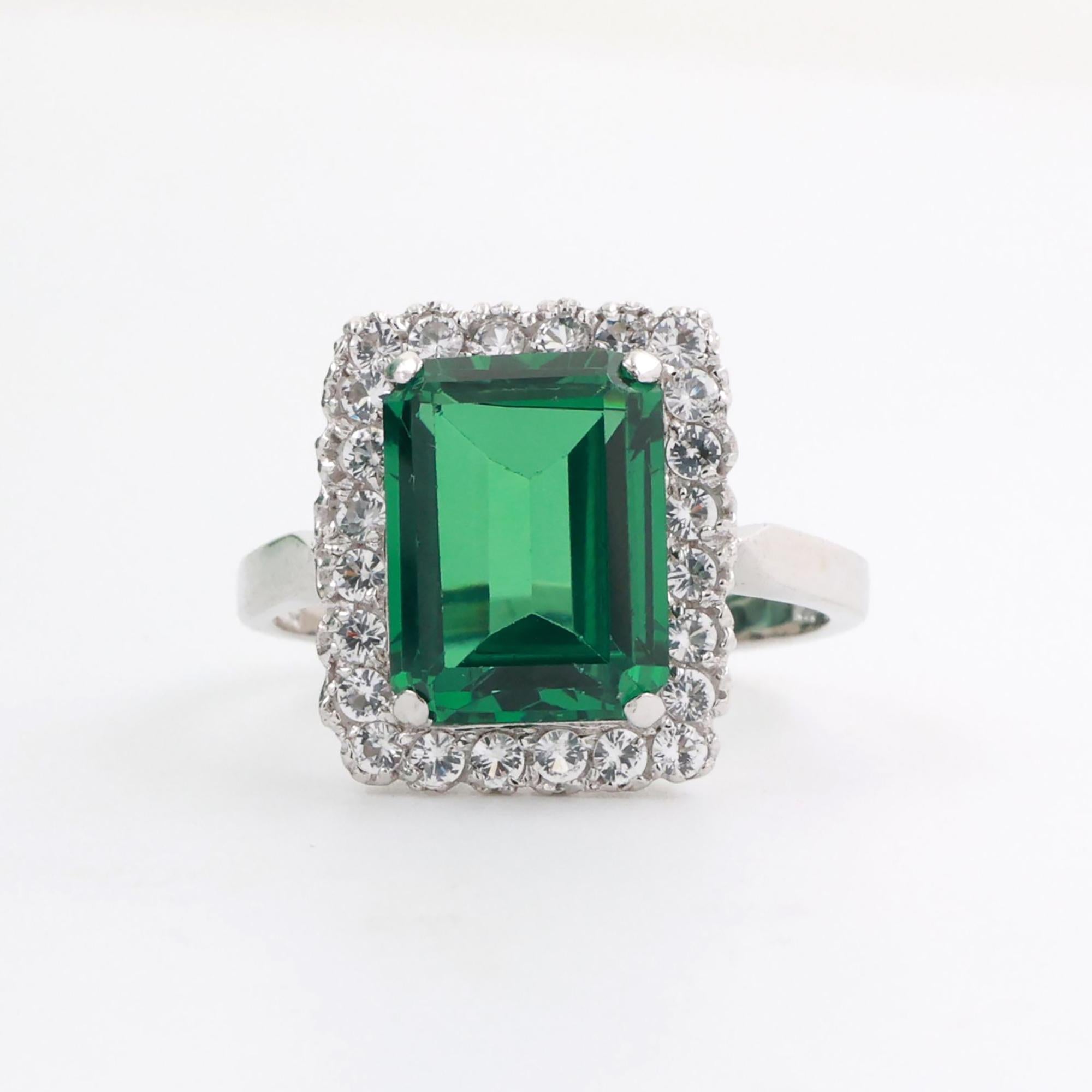 Emerald Quartz Halo Ring 18K White Gold 4.92 CTW Lab Grown Size 8.25