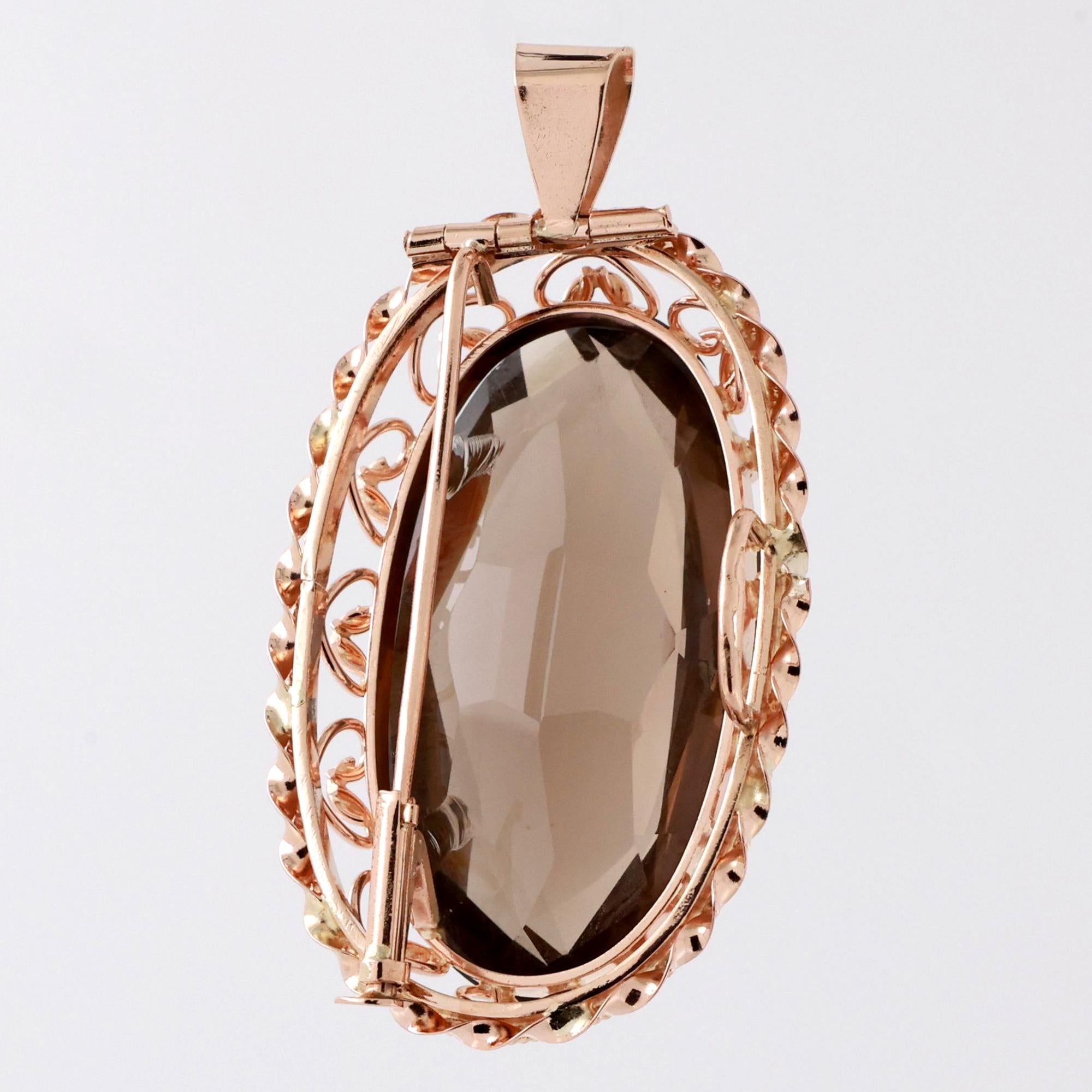 Vintage Smoky Quartz Pendant Brooch Pin 14K Yellow Gold 58CT Oval Gemstone 2.05"