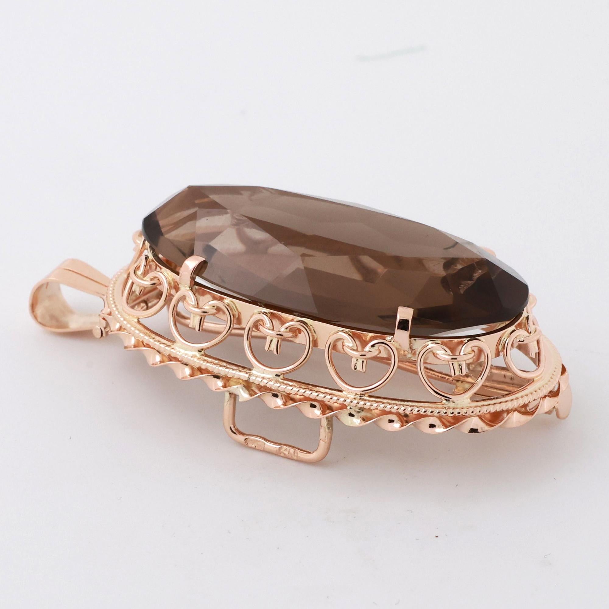 Vintage Smoky Quartz Pendant Brooch Pin 14K Yellow Gold 58CT Oval Gemstone 2.05"