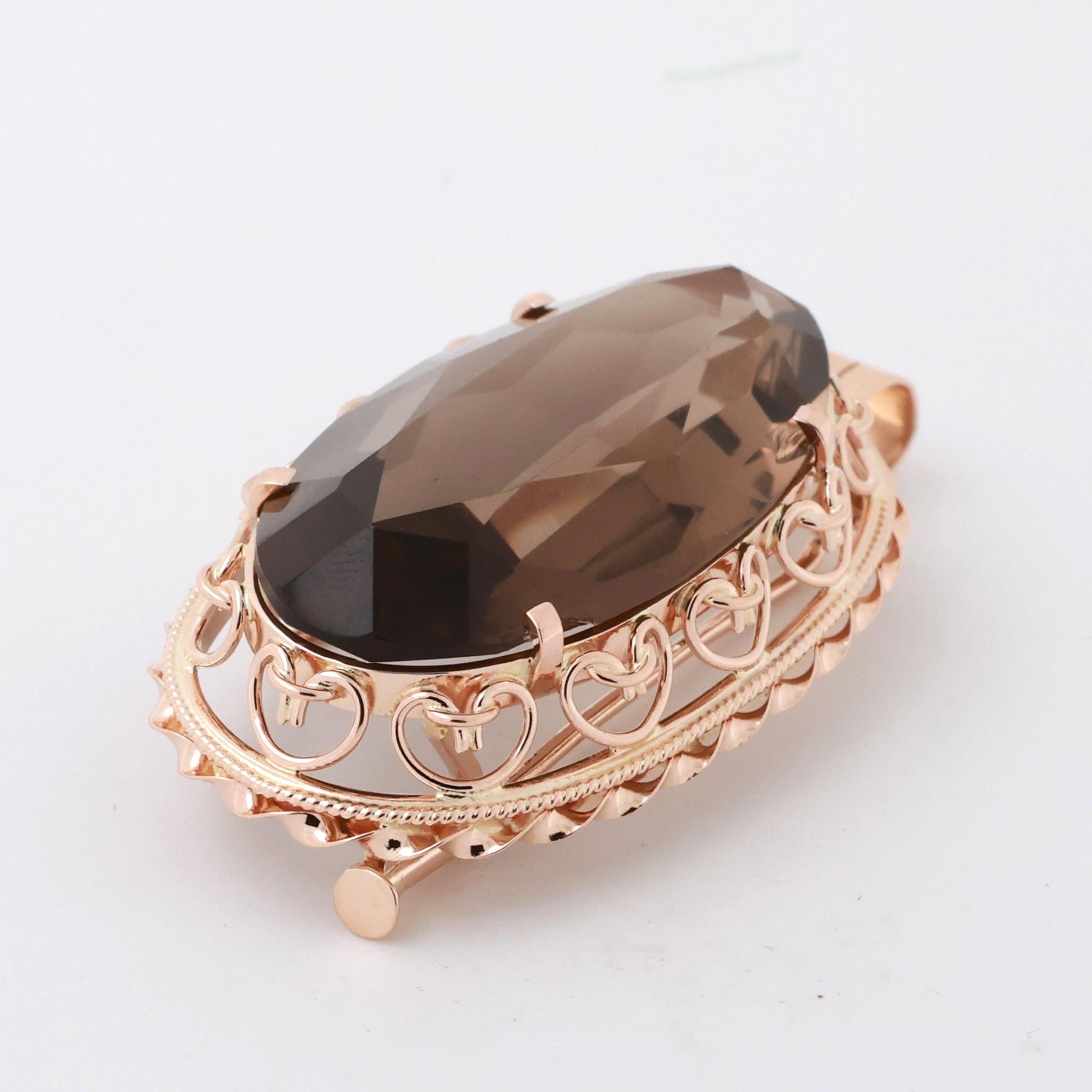Vintage Smoky Quartz Pendant Brooch Pin 14K Yellow Gold 58CT Oval Gemstone 2.05"