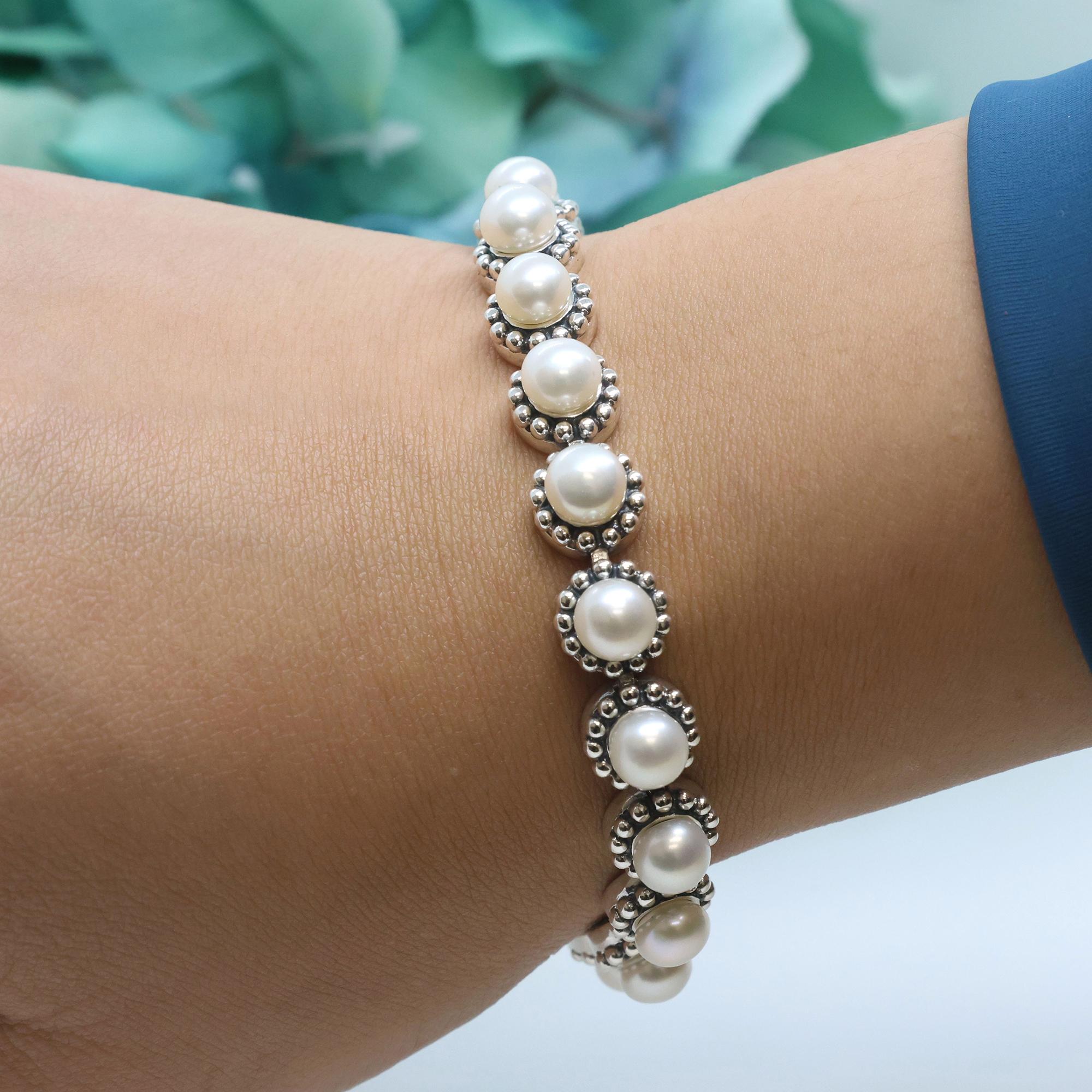 Freshwater Pearl Gemstone Station Bracelet Sterling Silver Ladies Estate 7.75"