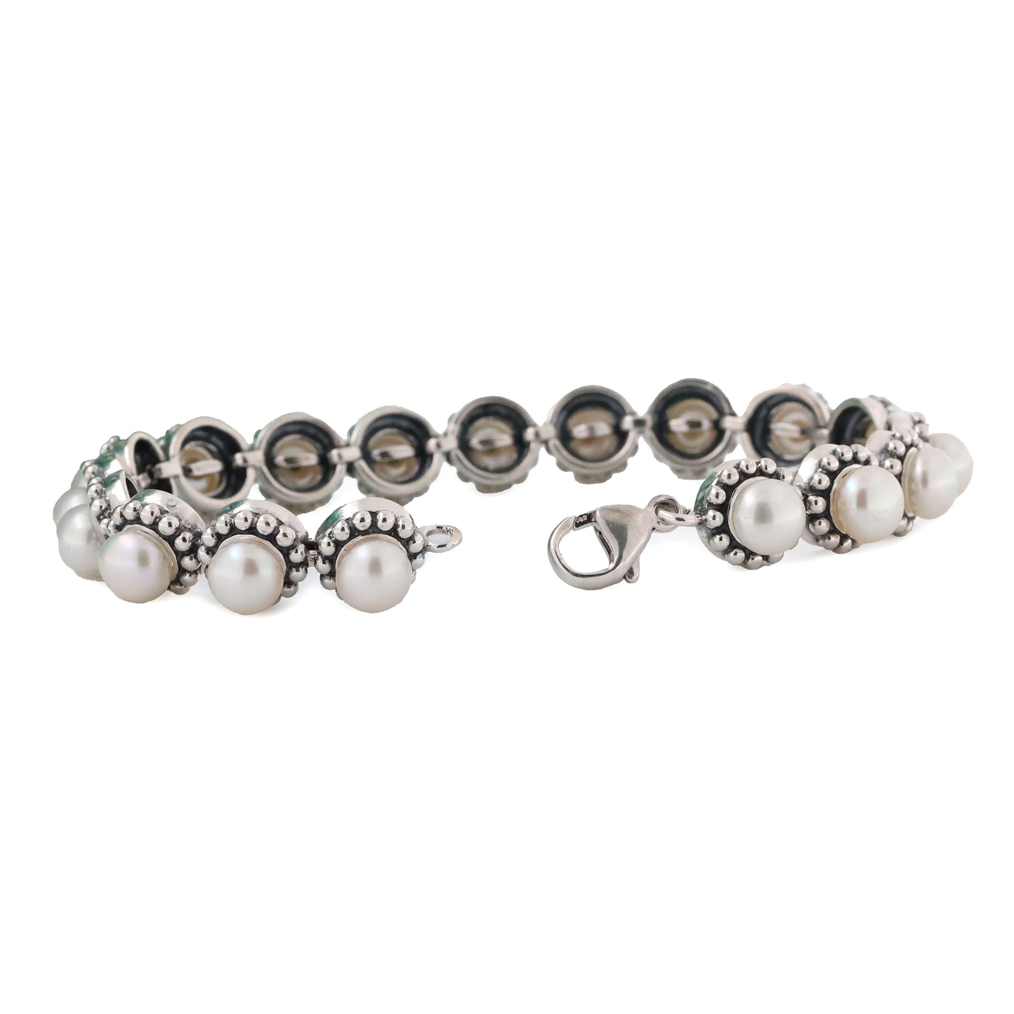 Freshwater Pearl Gemstone Station Bracelet Sterling Silver Ladies Estate 7.75"
