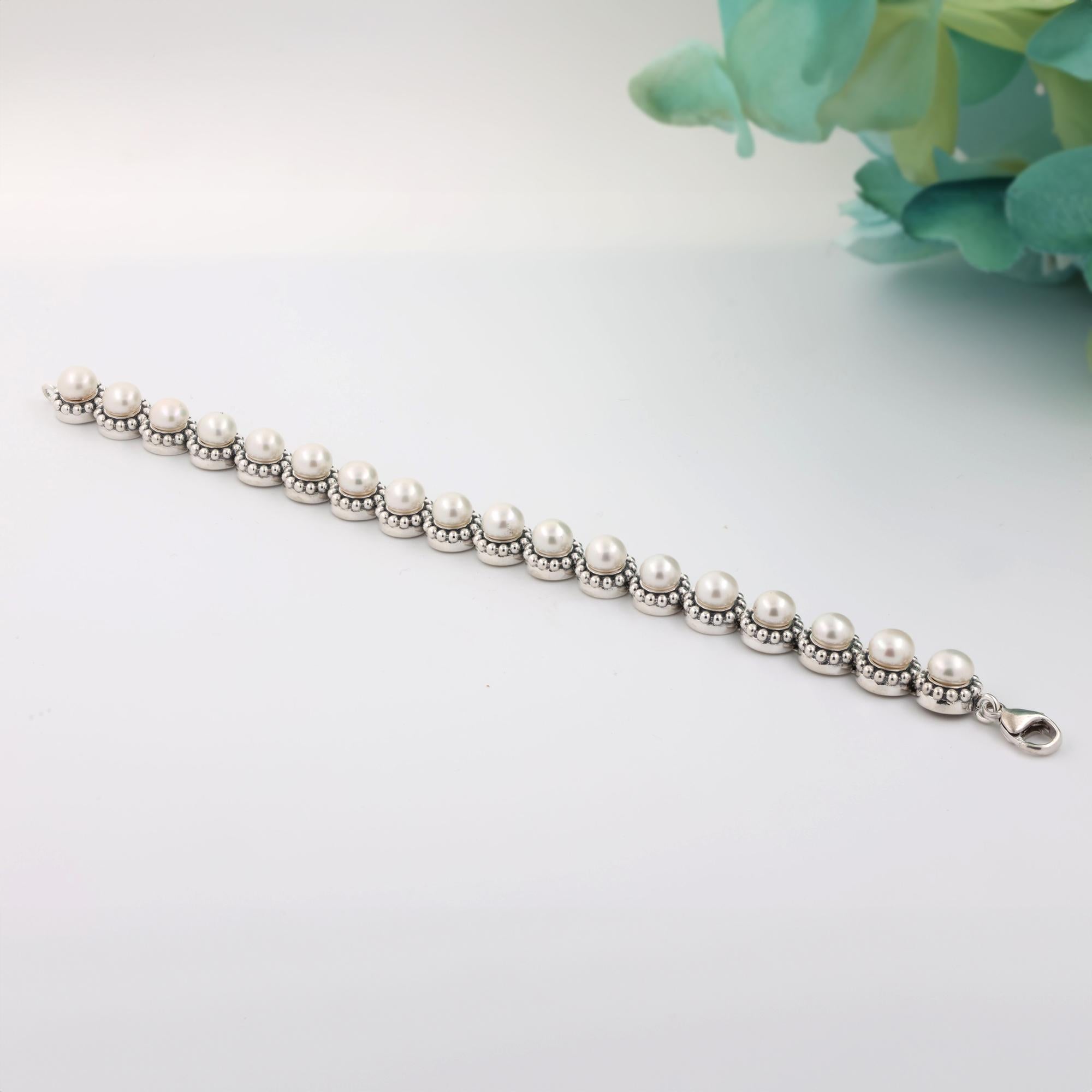 Freshwater Pearl Gemstone Station Bracelet Sterling Silver Ladies Estate 7.75"