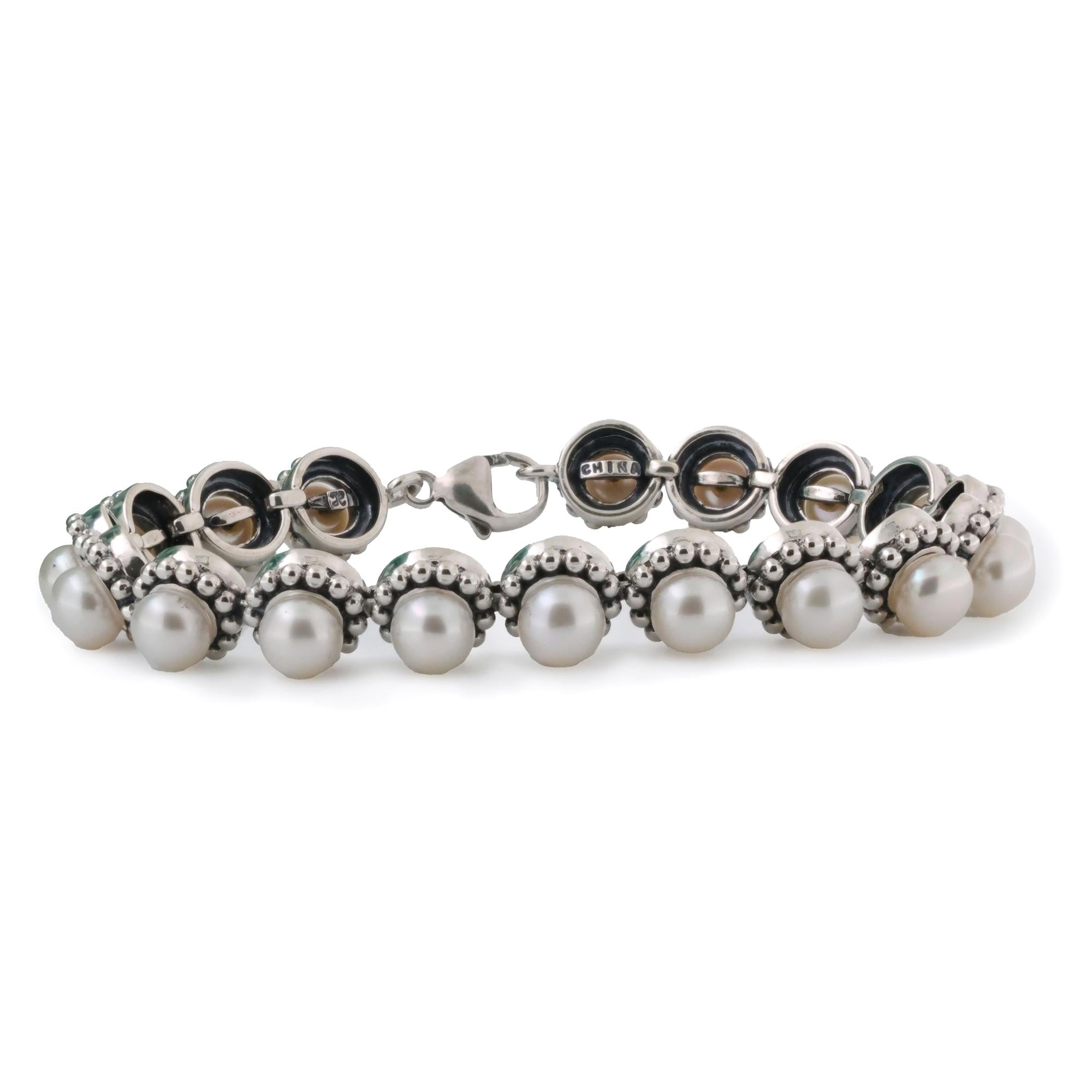 Freshwater Pearl Gemstone Station Bracelet Sterling Silver Ladies Estate 7.75"