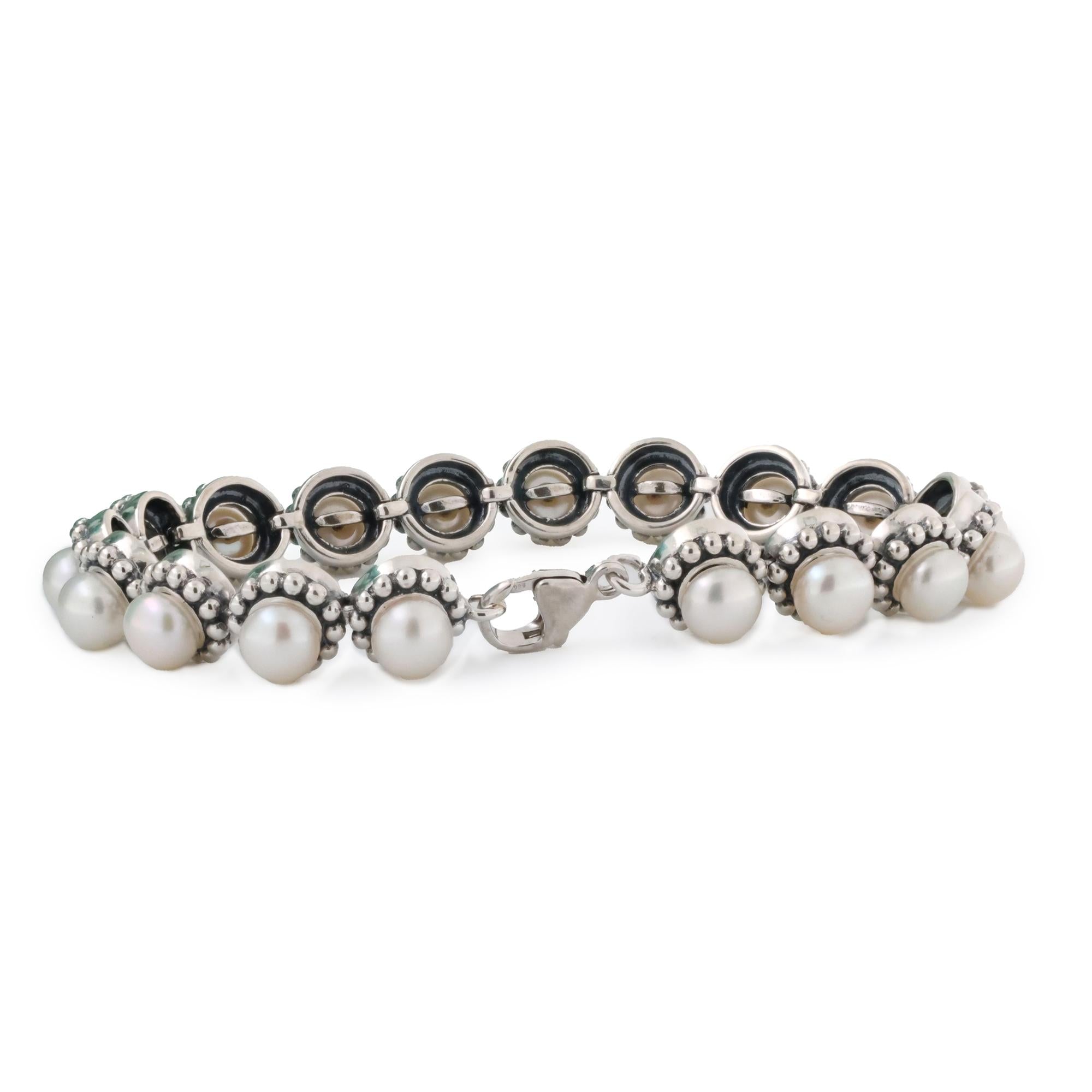 Freshwater Pearl Gemstone Station Bracelet Sterling Silver Ladies Estate 7.75"