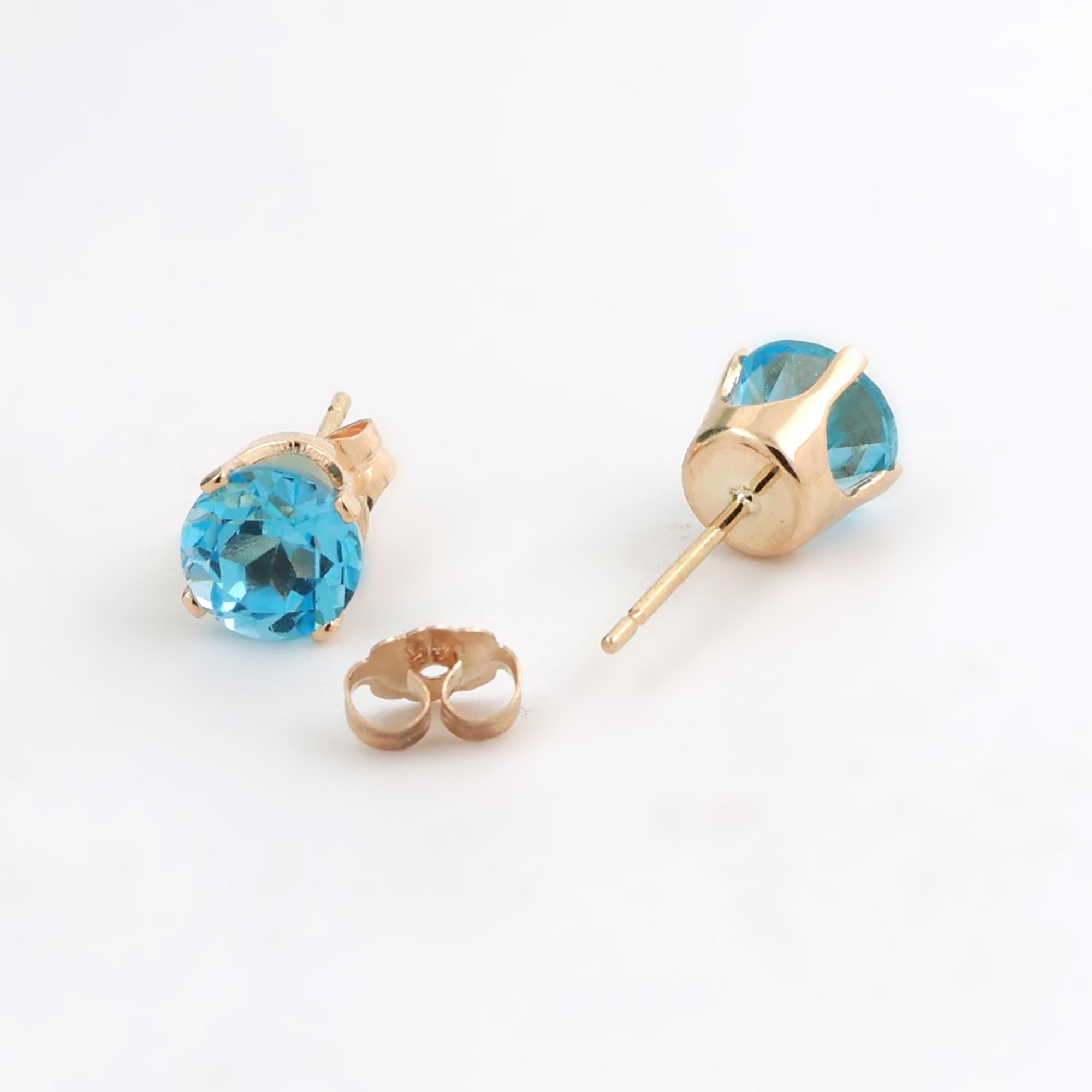 Round Blue Topaz Gemstone Stud Earrings 14K Yellow Gold 1.96 CTW 6 MM