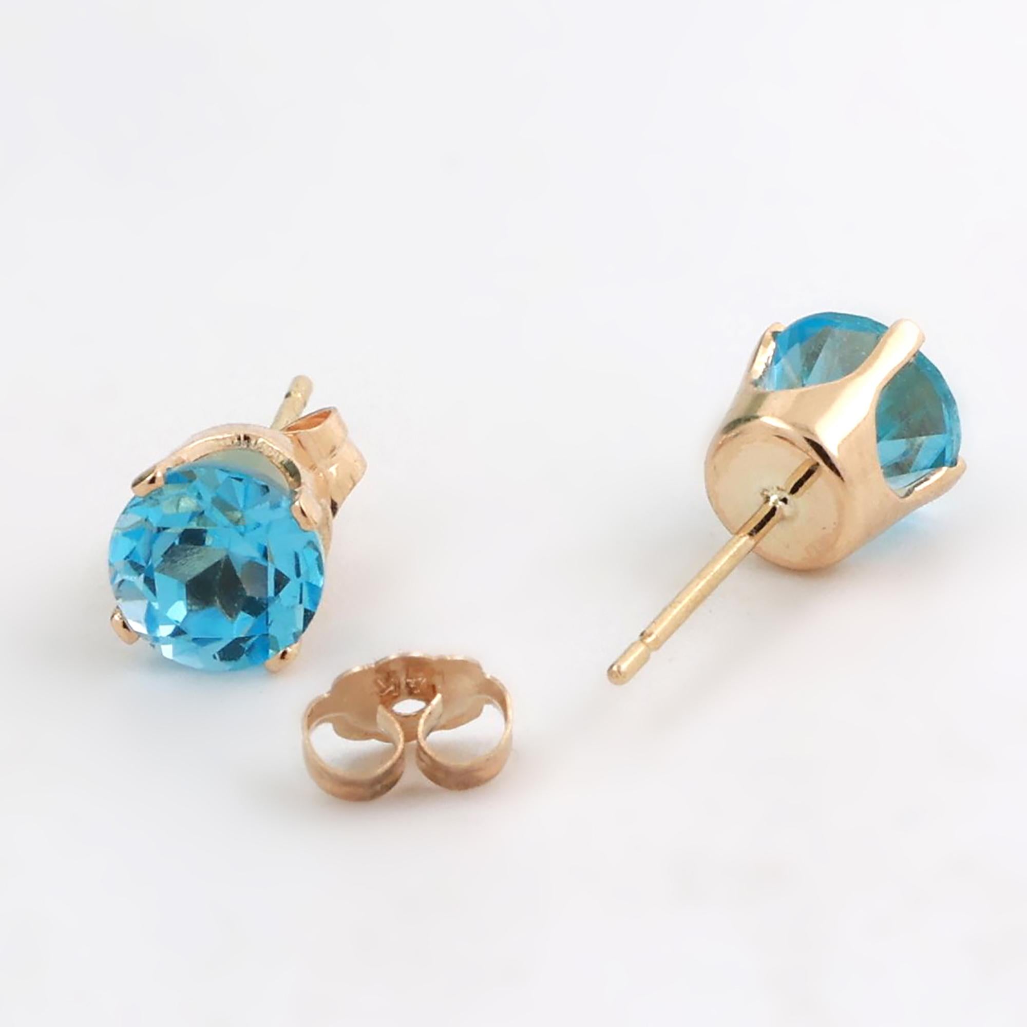 Round Blue Topaz Gemstone Stud Earrings 14K Yellow Gold 1.96 CTW 6 MM