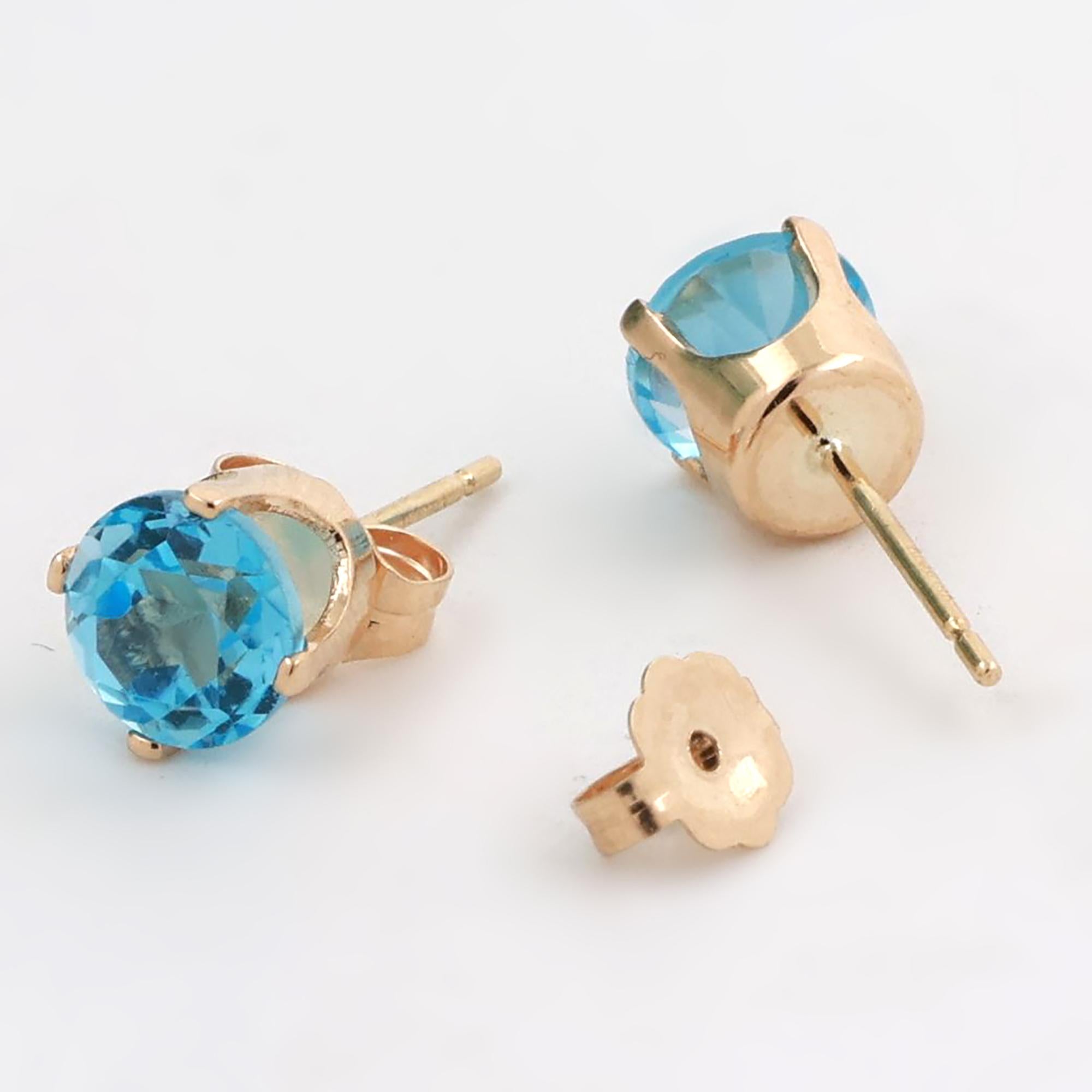 Round Blue Topaz Gemstone Stud Earrings 14K Yellow Gold 1.96 CTW 6 MM