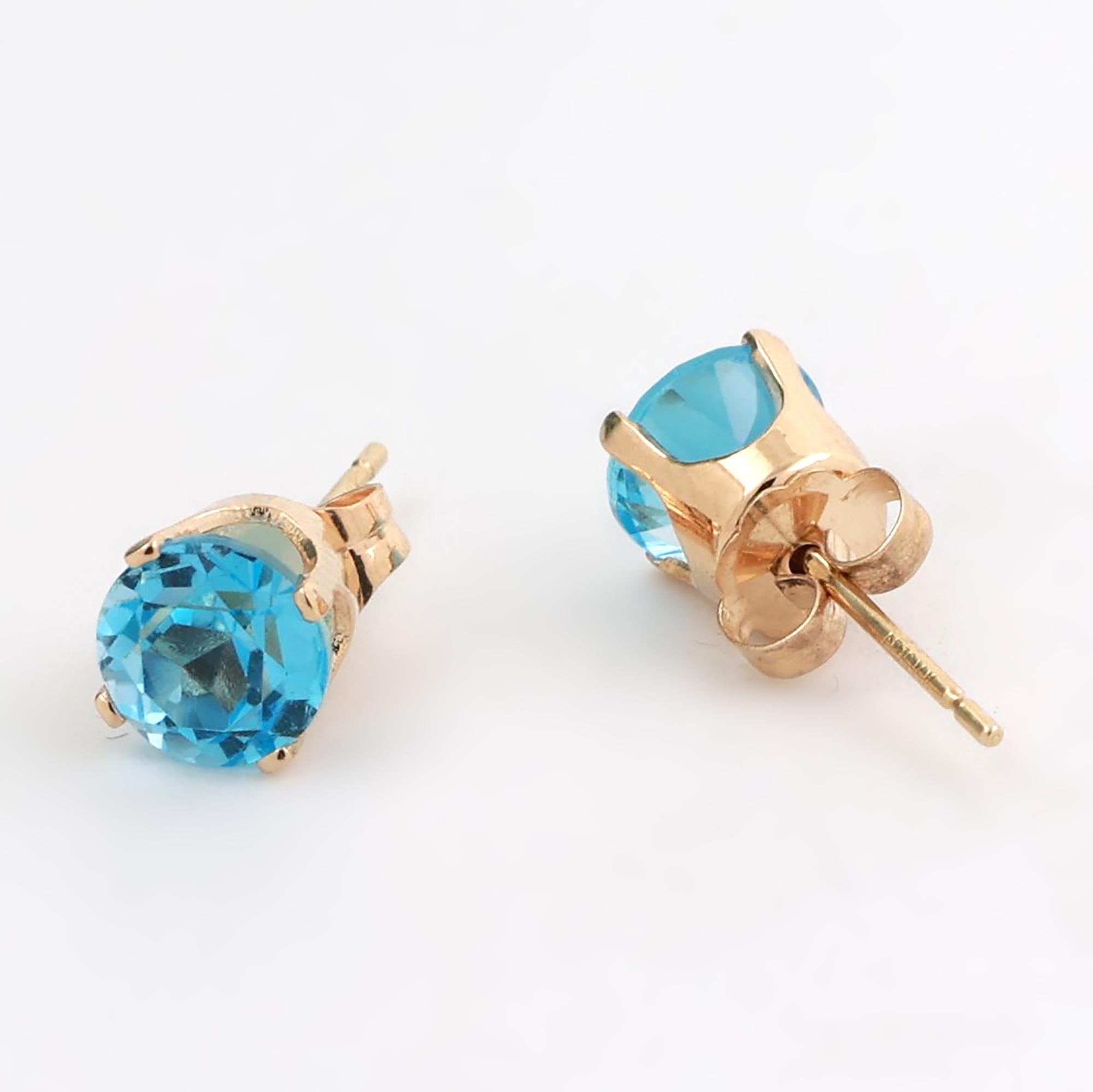 Round Blue Topaz Gemstone Stud Earrings 14K Yellow Gold 1.96 CTW 6 MM