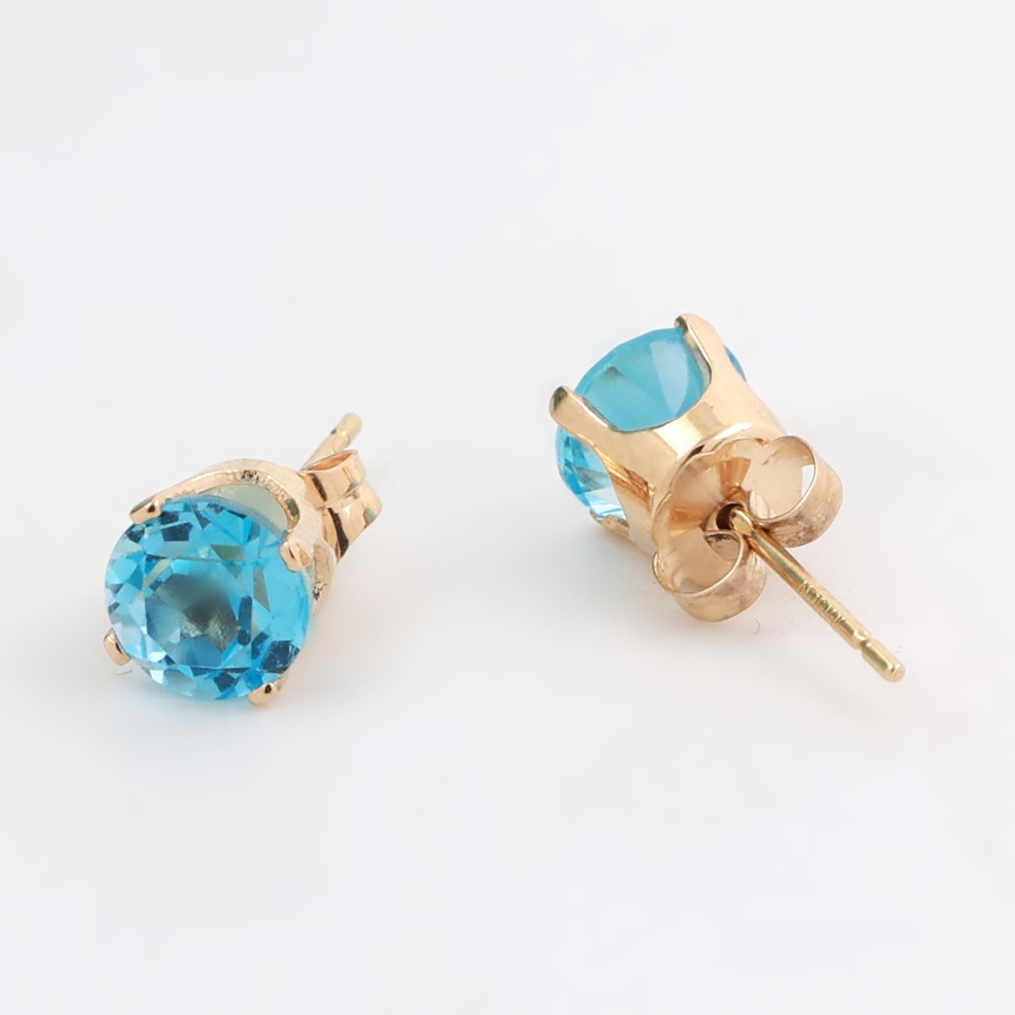 Round Blue Topaz Gemstone Stud Earrings 14K Yellow Gold 1.96 CTW 6 MM