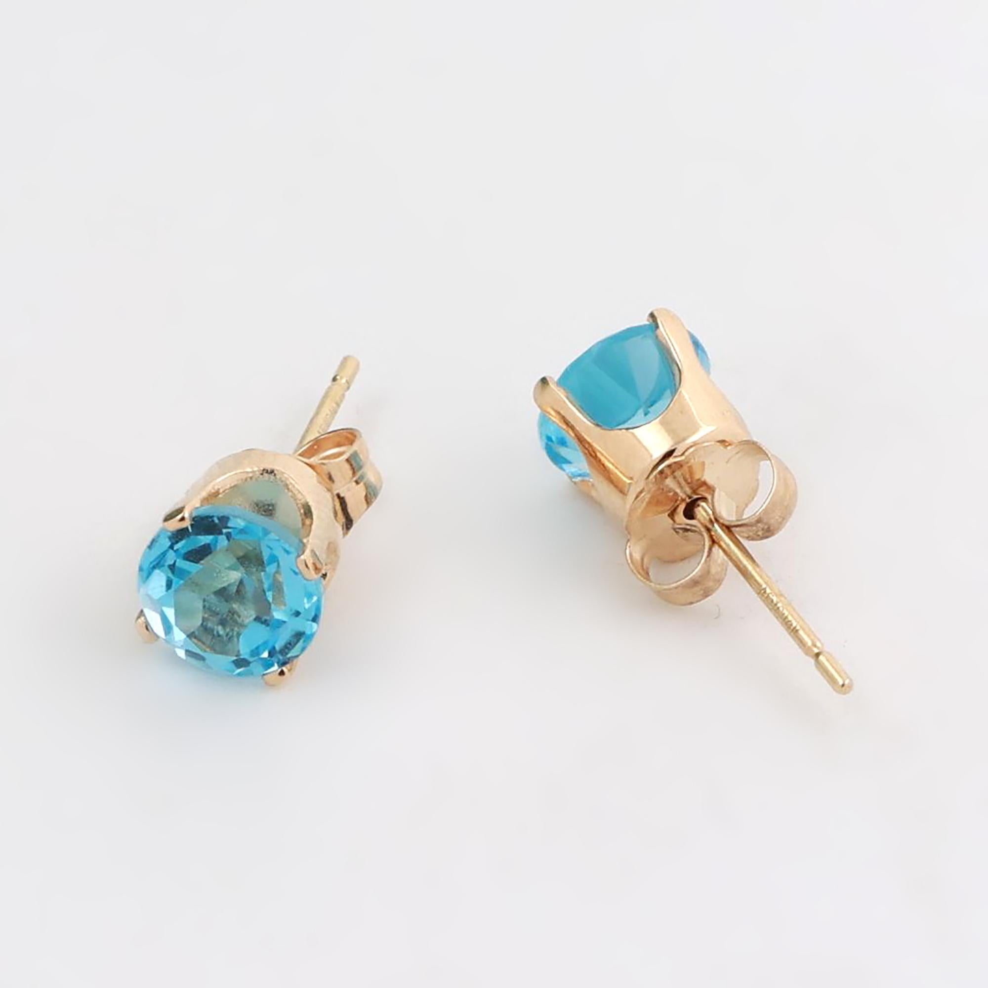 Round Blue Topaz Gemstone Stud Earrings 14K Yellow Gold 1.96 CTW 6 MM