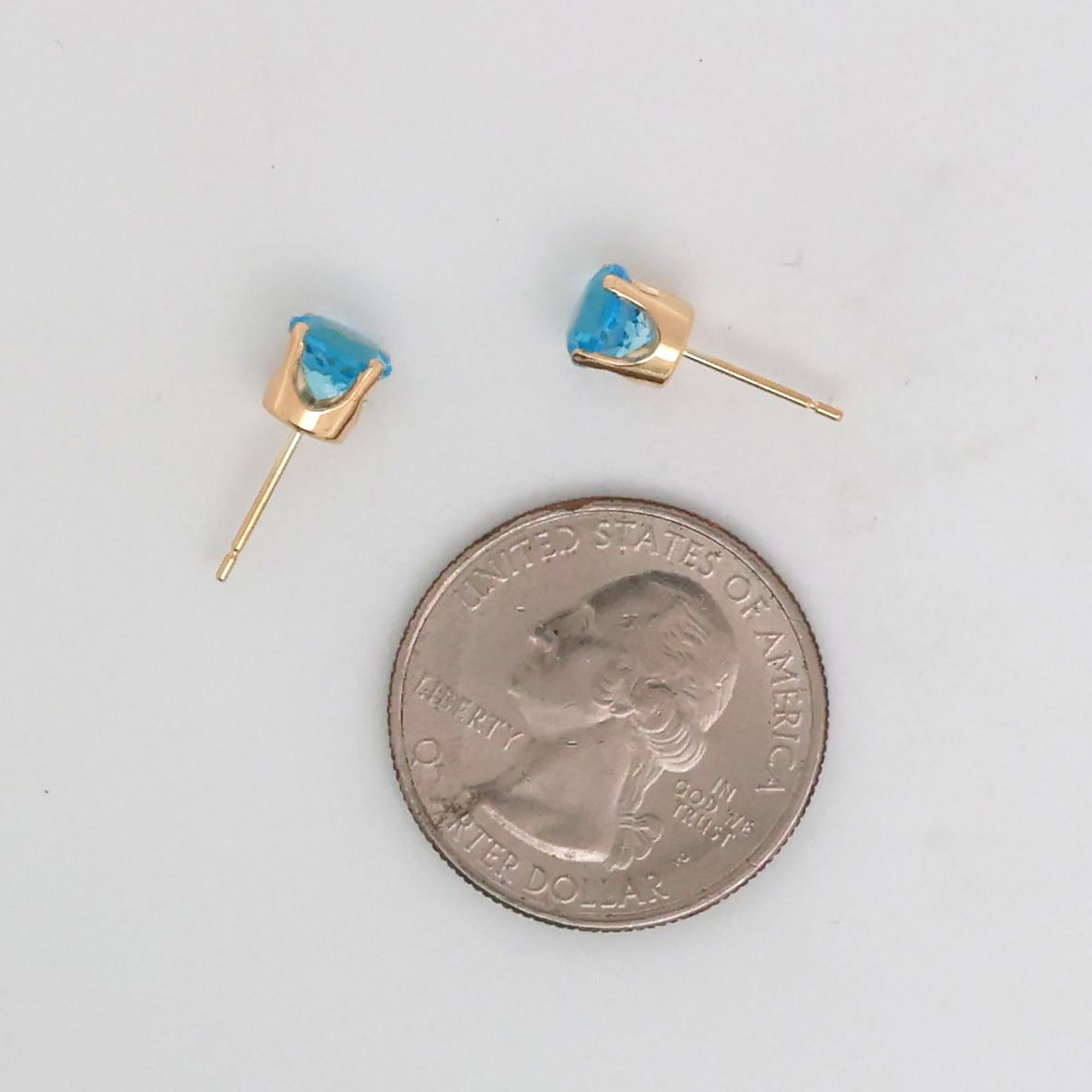 Round Blue Topaz Gemstone Stud Earrings 14K Yellow Gold 1.96 CTW 6 MM